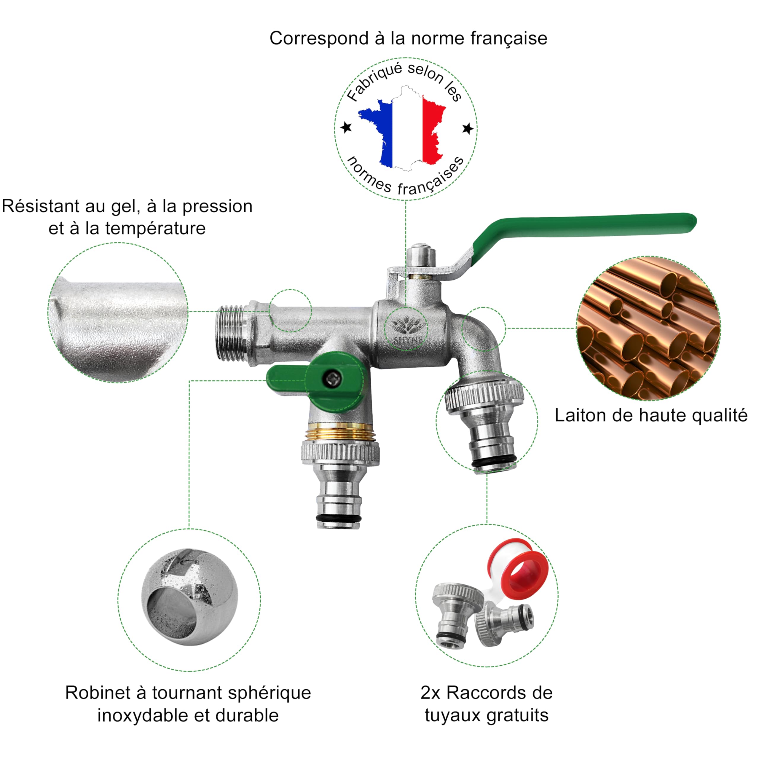 SHYNE 1/2'' Pouce (15/21) Robinet d'eau en Laiton Double de Qualité Supérieure, Résistant à la Rouille et au Gel + 2X Raccords de Tuyau Gratuits + Ebook | Pour Jardin, Machine à Laver, Baril de Pluie