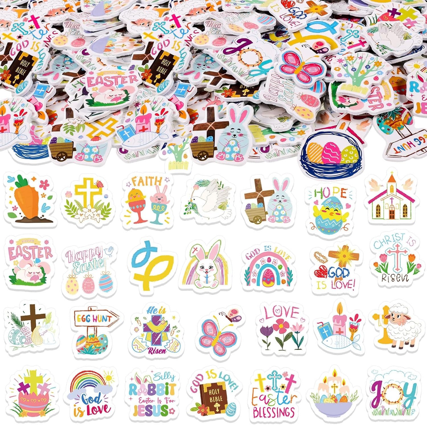 HOWAF 200Pcs Religious Easter Doodles Foam Stickers, Jesus Lives Bible Easter Foam Stickers Easter Bunny Self Adhesive Sticker, Christian Religious Easter Cross He is Risen Vinyl Decals Party Favors
