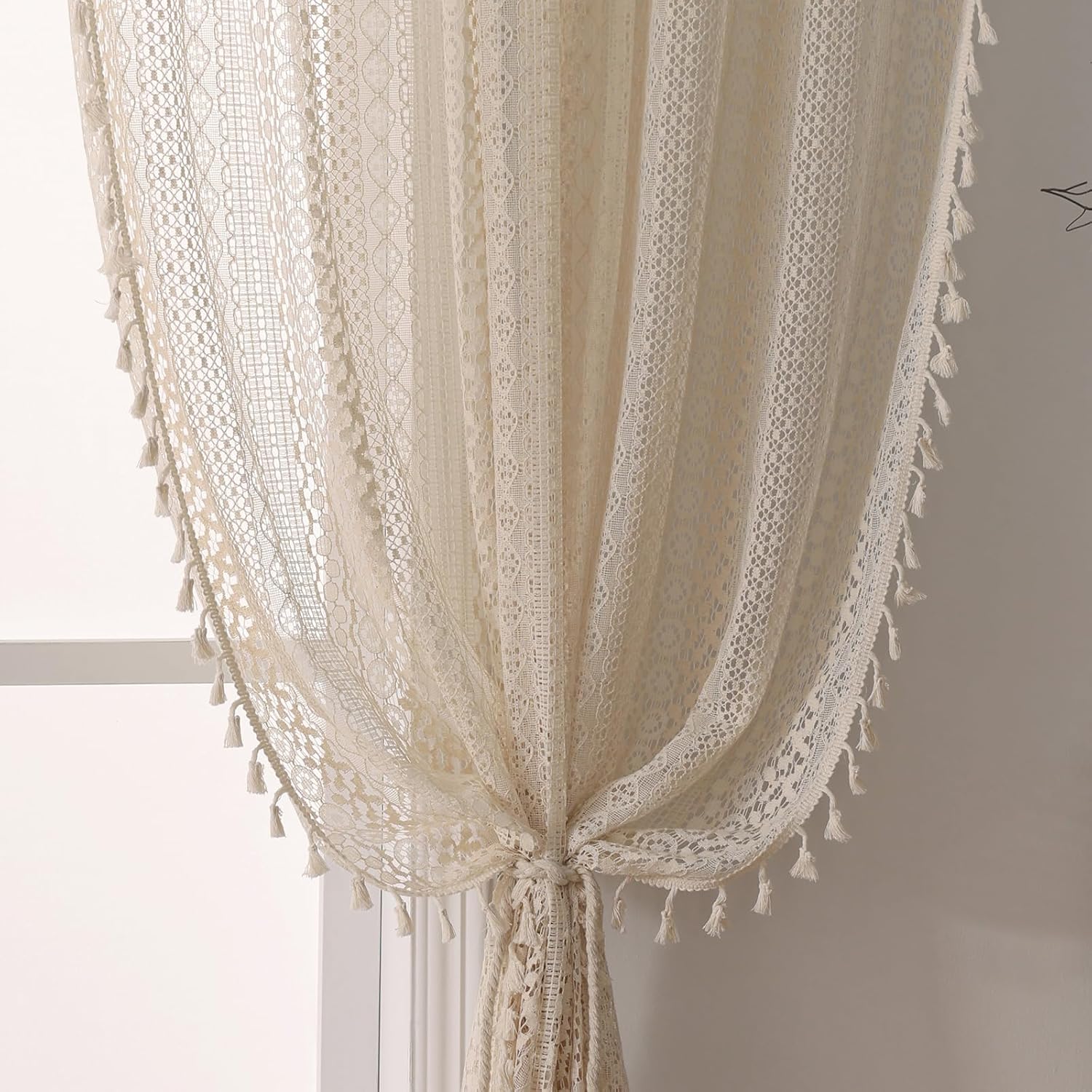 Boho Curtains for Living Room Lace Curtains 84 Inches Long 2 Panel, Rod Pocket Vintage Tassel Bohemian Decor Geometry Striped Light Filtering Crochet Semi Sheer Curtain Drapes for Bedroom,Beige 59"W x 84"L (Pack of 2) Beige Knitted Lace