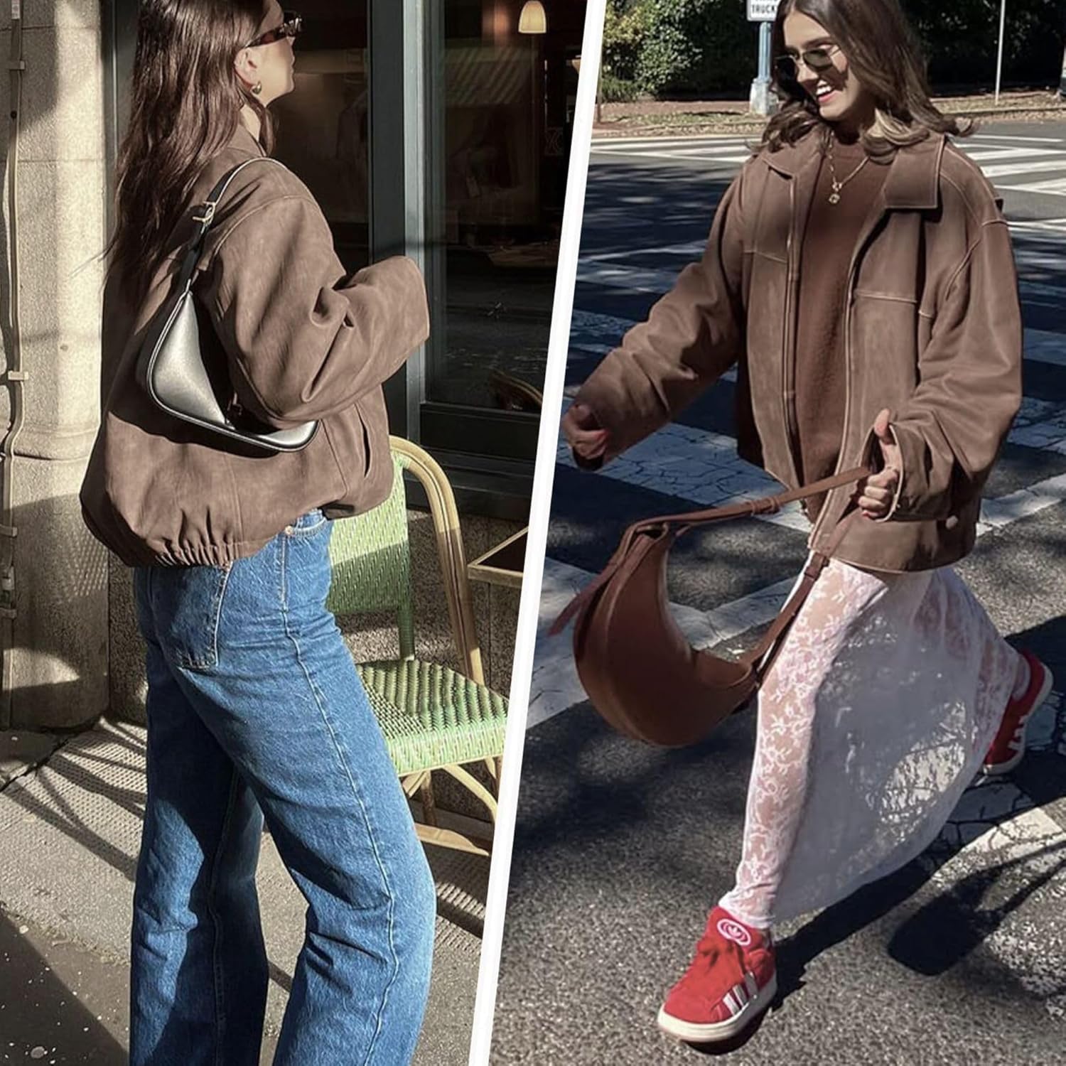 Xunger Women's Faux Suede Bomber Jacket Spring Lapel Pilot Coat Casual Oversized Long Sleeves Trendy Streetwear Outerwear - Image 4