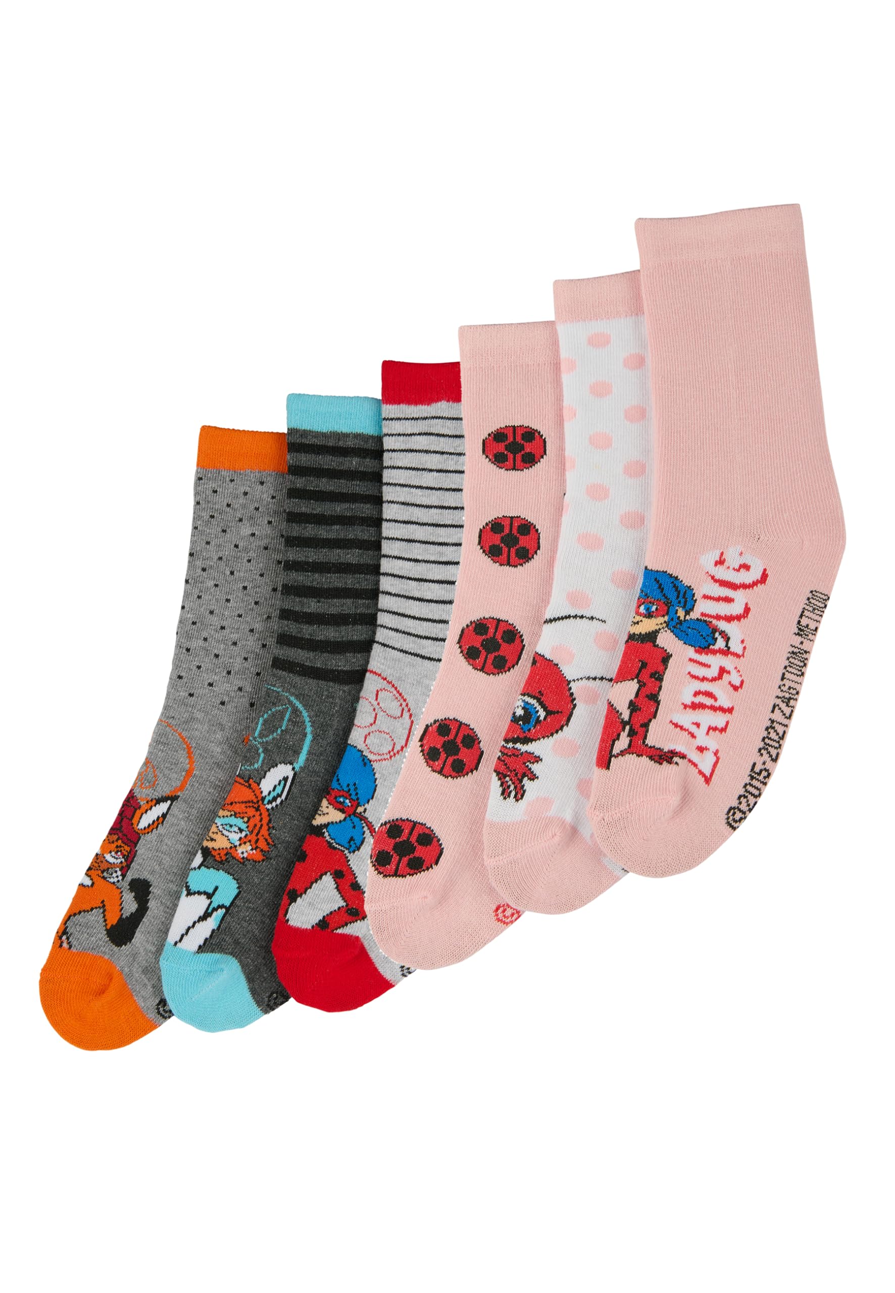 ONOMATO! Miraculous Lady Bug Rena Rouge 6 Pairs Girls Socks Set, multicoloured, 27-30
