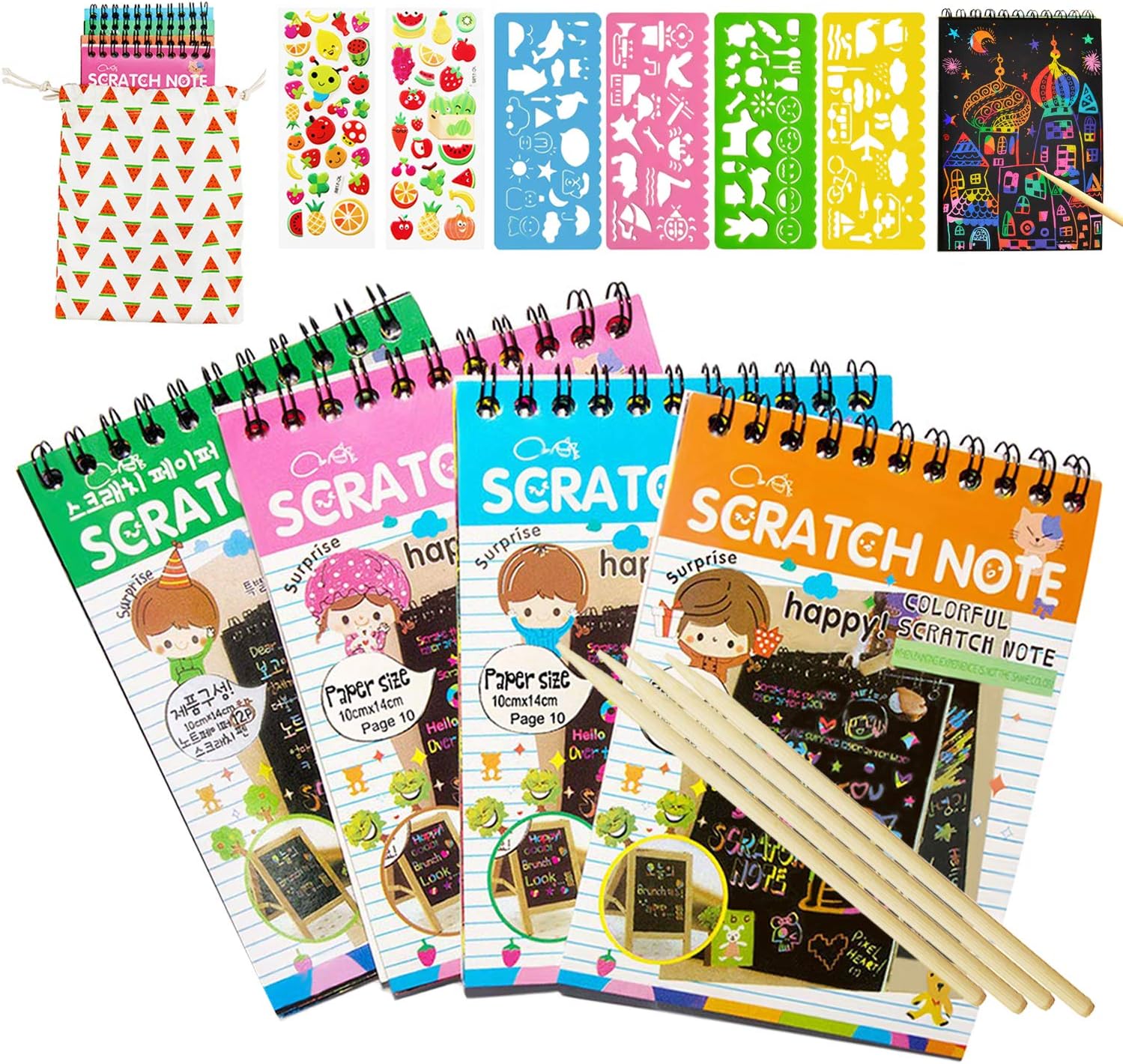 ldab Scratch Art Notebooks, Rainbow Scratch Art Papers for Kids, 4PCS Mini Black Magic Scratch Art Note - 4 Wooden Styluses and Drawing Stencils, Travel Crafts Activity Gift for Girls or Boys