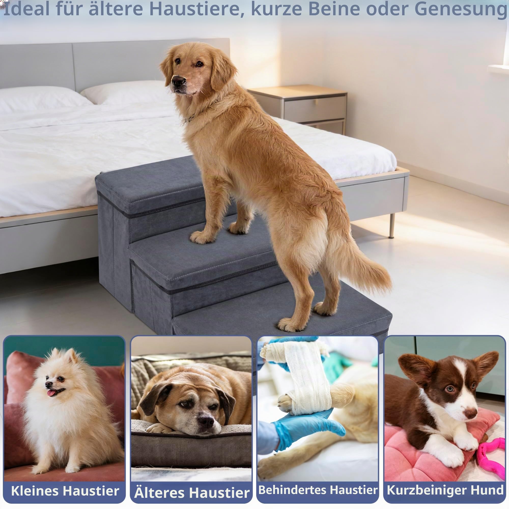 AKOZLIN Faltbare Haustiertreppe mit Stauraum 3 Stufen Extra Breite Haustierrampe Haustierleiter Haustiertreppe für Kleine bis Große Hunde Katzen, Dunkelgrau