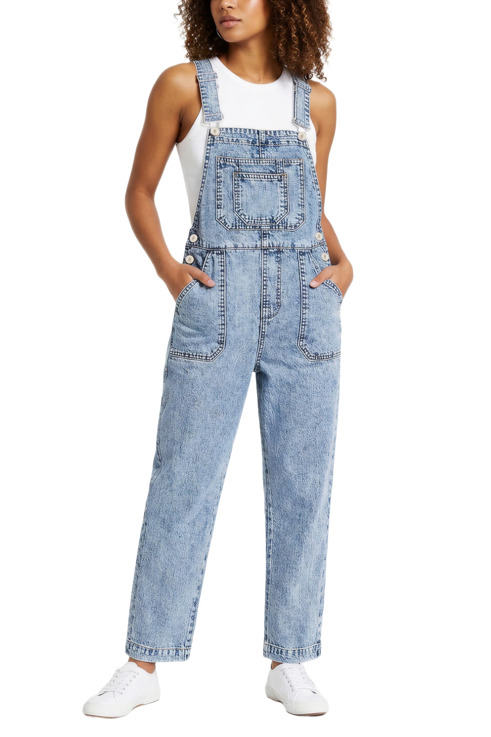 ZMTUO Women's Denim Overalls with Adjustable Straps Relaxed Fit Multiple Pockets Vintage Wash Stretchy Jean Overalls