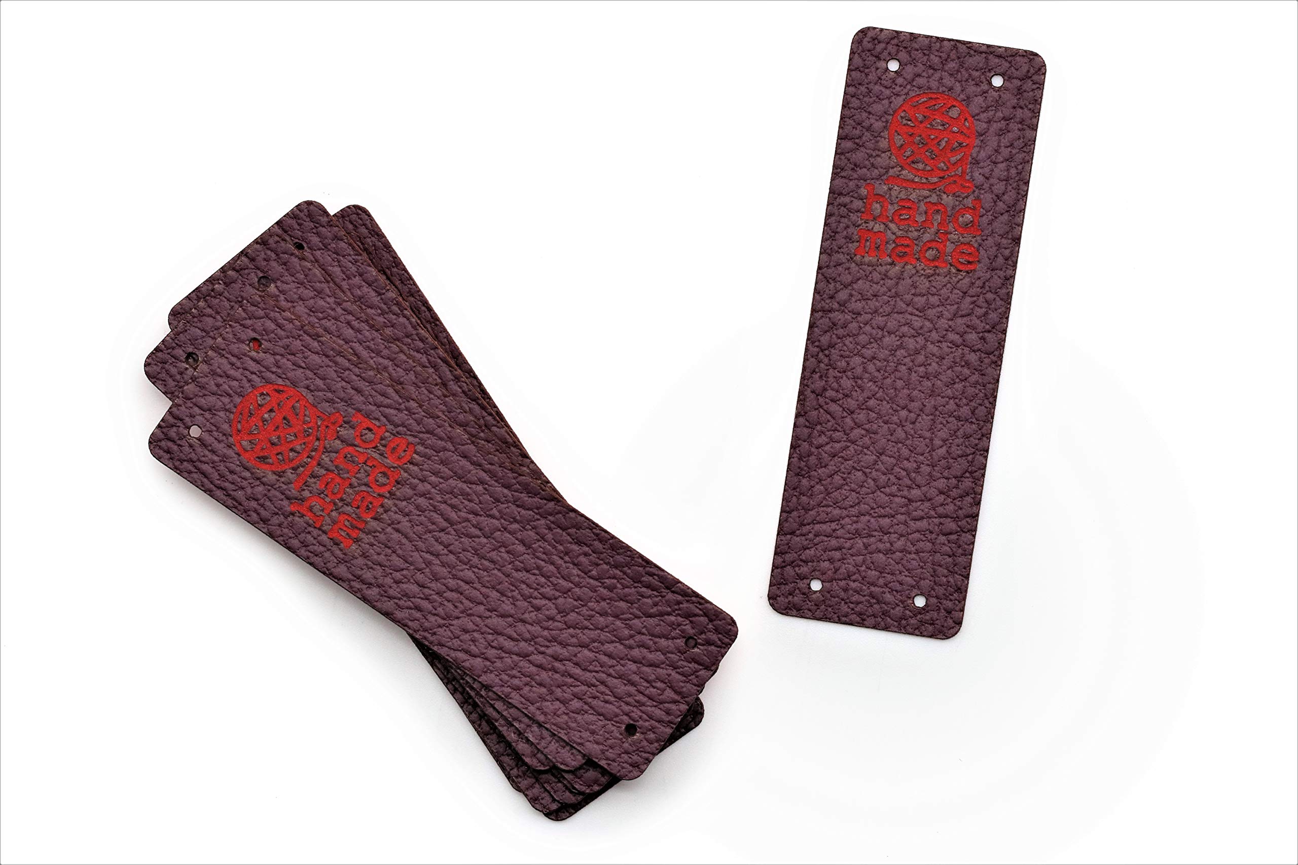 Etichette Personalizzate Handmade Pieghevoli PU - Rosso-Viola Mod. HMD Gomitolo hand made- Tag Handmade Etichette da cucire su prodotti fatti a mano (30 Pezzi - Testo Personalizzato)