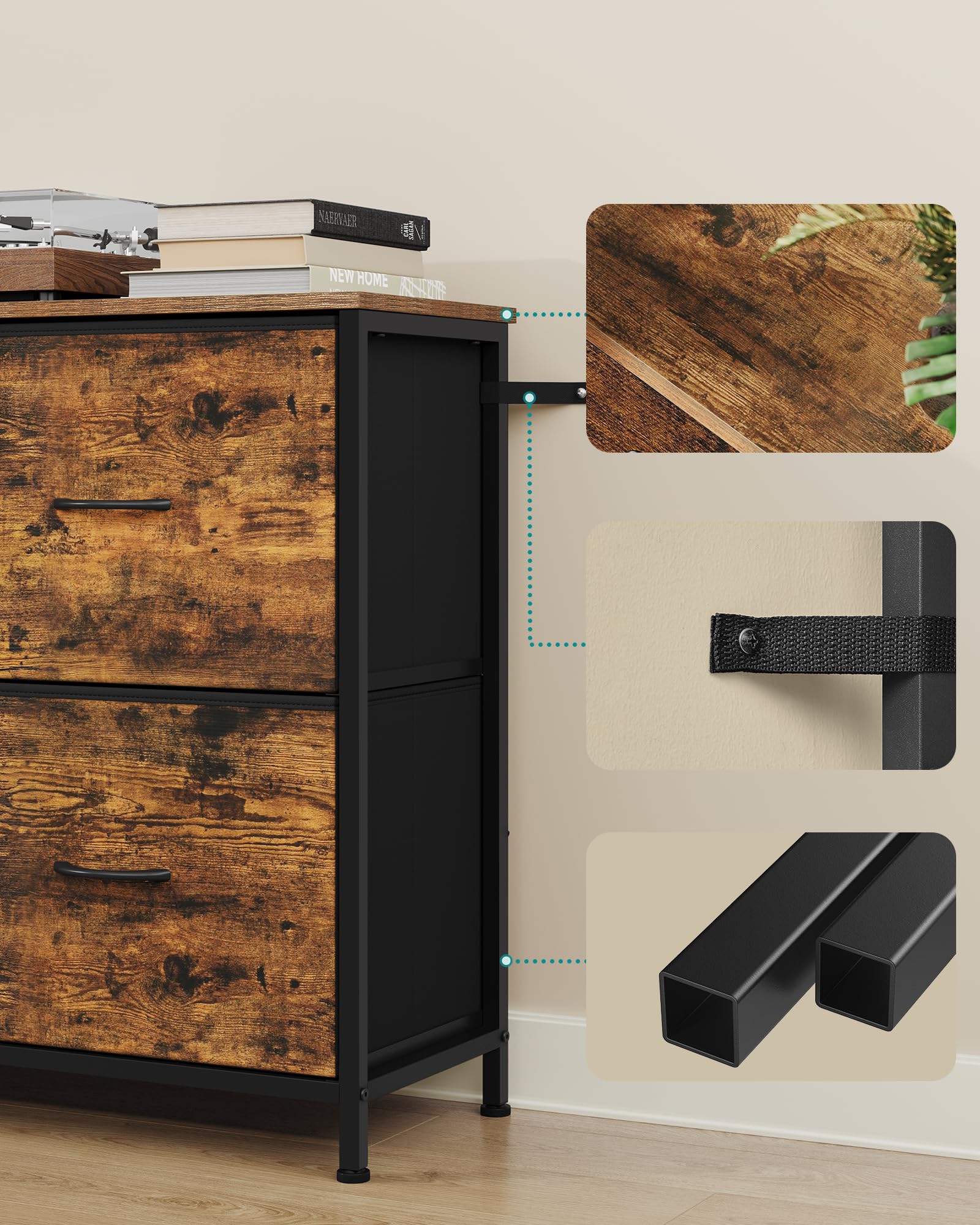 SONGMICS Komoda z 5 Materiałowymi Szufladami, Stalowa Rama, Szafka do Przechowywania, 98,7 x 30 x 74,7 cm, do Sypialni, Salonu, Przedpokoju, Rustykalny brąz, Kolekcja BELLAH LGS235K101