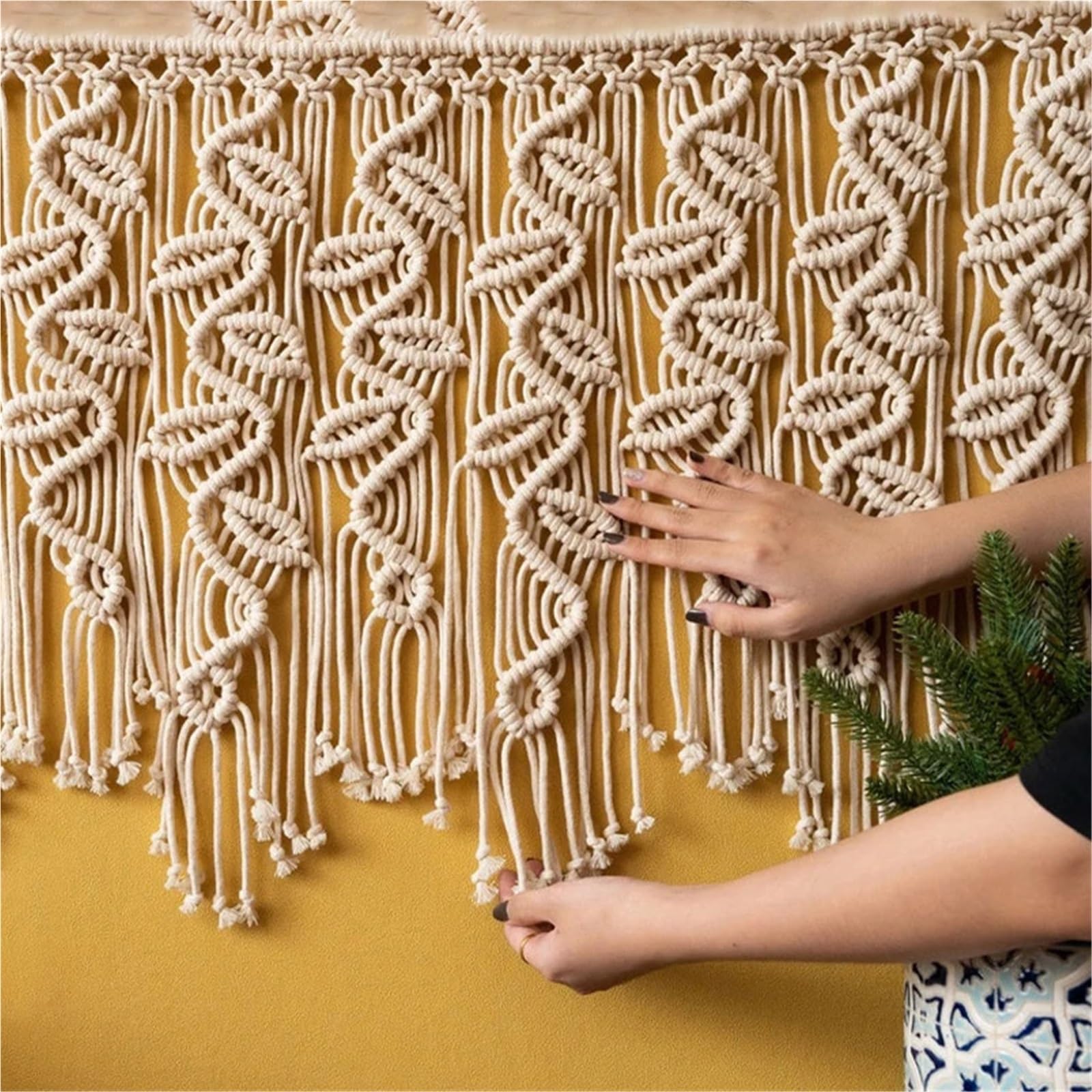 XCTDSVAH Tapisserie Macramé Rideau de tapisserie en macramé tissé à la main, décoration fenêtre salle séjour, arrière-plan maison(No wooden stick)