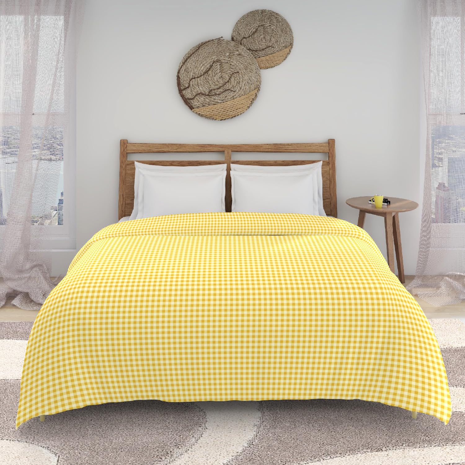 MORADO Flower Printed Duvet Cover Double Bed 90x100 Inches 130 TC Glace Cotton | Soft Quilt Cover | Zipper Closure with Corner Ties | Rajai Comforter Dohar Cover,White Yellow Check-image-30