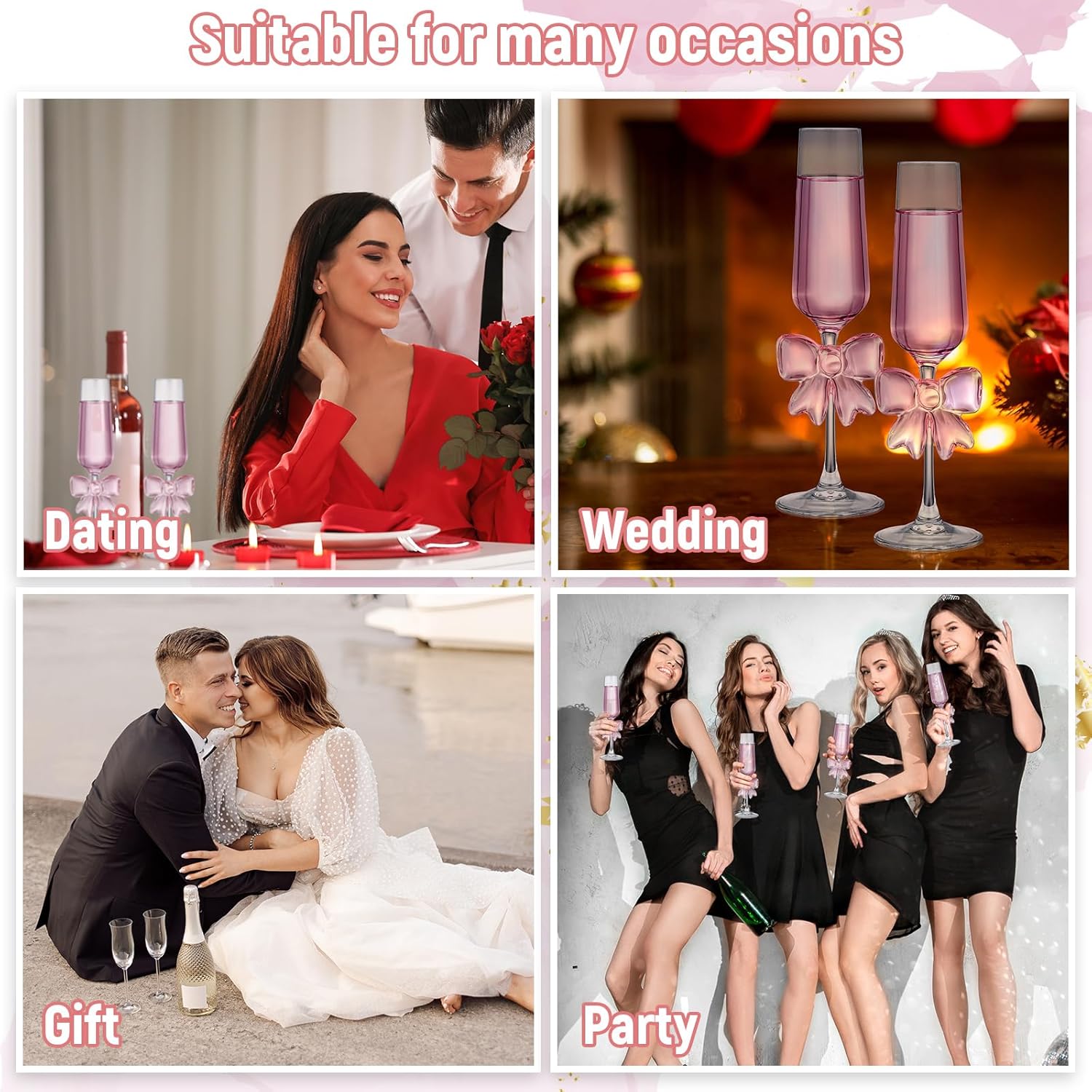 Reallnaive Wedding Champagne Flutes, 2 Pcs Pink Bow Coquette Glasses with Reinforced Stems, 8 oz Cute Feet Champagne Glasses for Wedding Engagement Bridal Shower Party Gifts(Cute Feet)