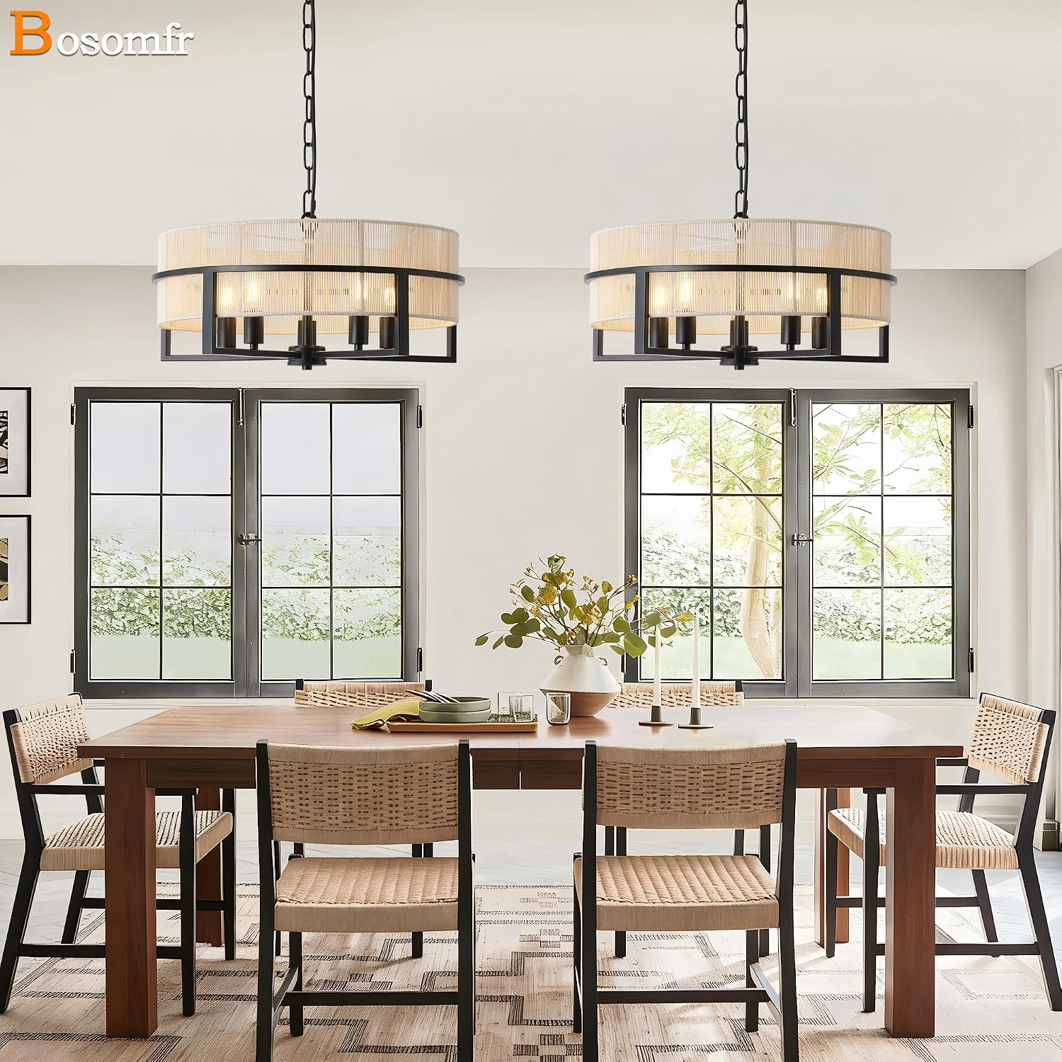 Large Boho Rattan Chandelier,Farmhouse Chandelier for Dining Room Modern Pendant Light Fixture 5-Light Hand Woven Pendant Light Rustic Ceiling Hanging Lighting for Kitchen Island 19.5"