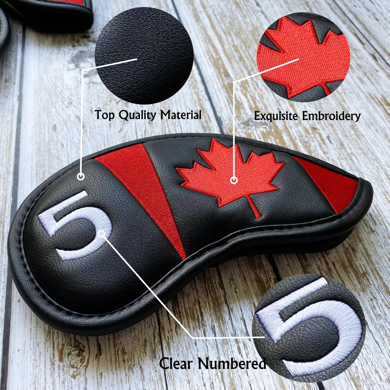 Canadian Flag Golf Iron Head Covers Headcovers Set Black Synthetic Leather Golf Iron Covers for Golf Clubs | 10Pack #4-9 Iron Covers, Aw, Sw, Pw, Xw Wedge Covers
