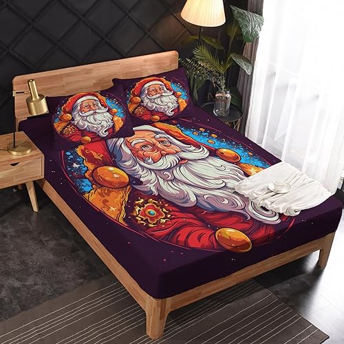 Miniatura 3 de Sábanas de Papá Noel tamaño Queen  Sábanas y fundas de almohada moradas  100% microfibra, estampado de alta cantidad de hilos, sábana encimera,