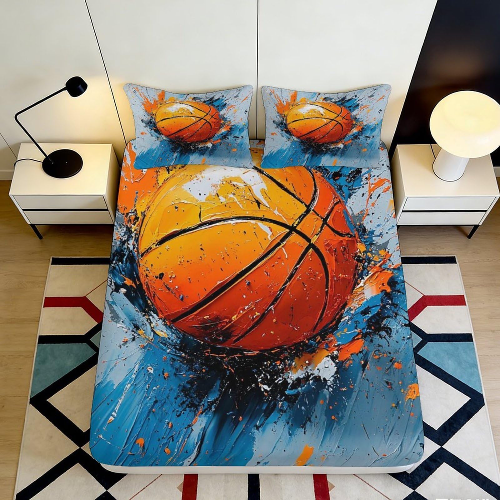 3D Printed Splash Basketball Fitted Sheet Microfiber Orange Graffiti Mattress Cover for Bedroom Dorm Protector Decor 90x200x25cm