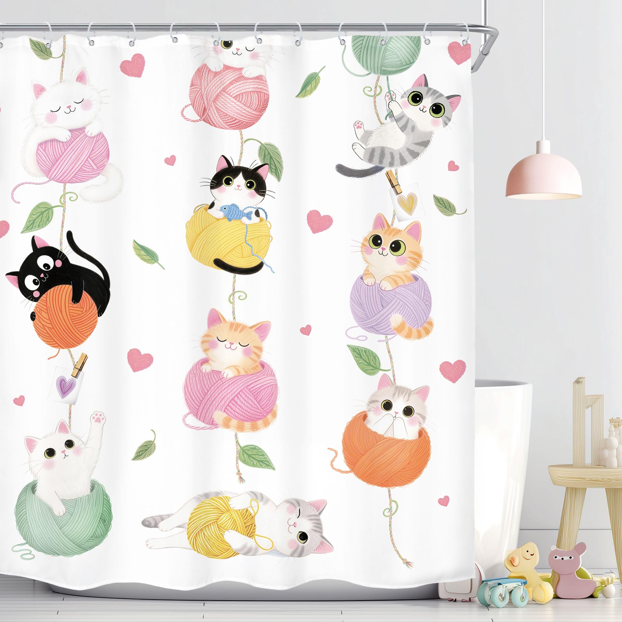 Imirell Cute Cat Shower Curtain 60Wx72H Inches Kids Colorful Cartoon Kawaii Kitten Funny Animals Watercolor Floral Leaf Botanical Pet Lovers Fabric Waterproof Polyester with 12 Pack Hooks Plastic