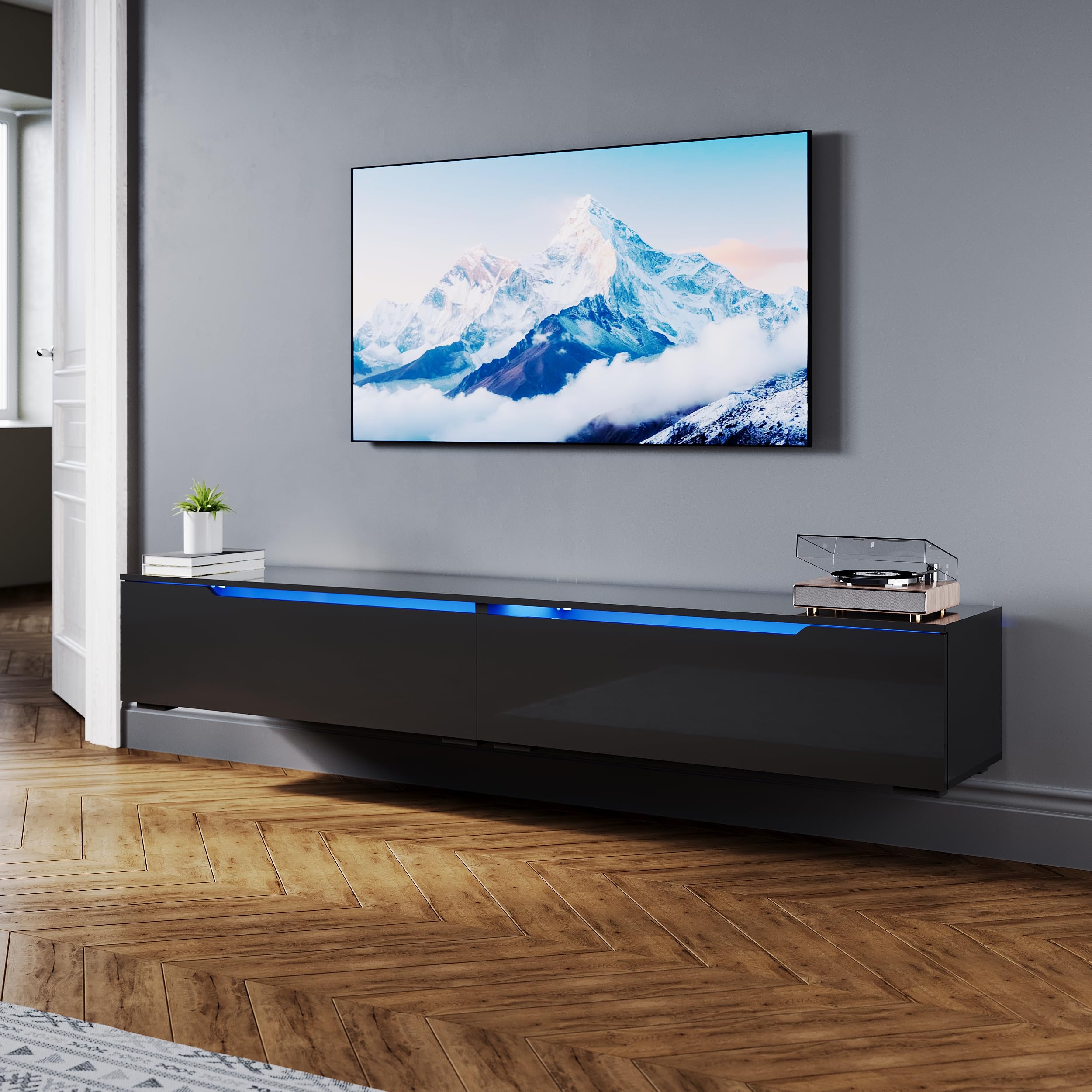 SONNI Szafka pod telewizor 200 cm, wysoki połysk, czarna, wisząca/stojąca, z 16 kolorami oświetlenia LED, 2 szuflady, stolik pod telewizor do salonu i sypialni, 200 x 35 x 30 cm.