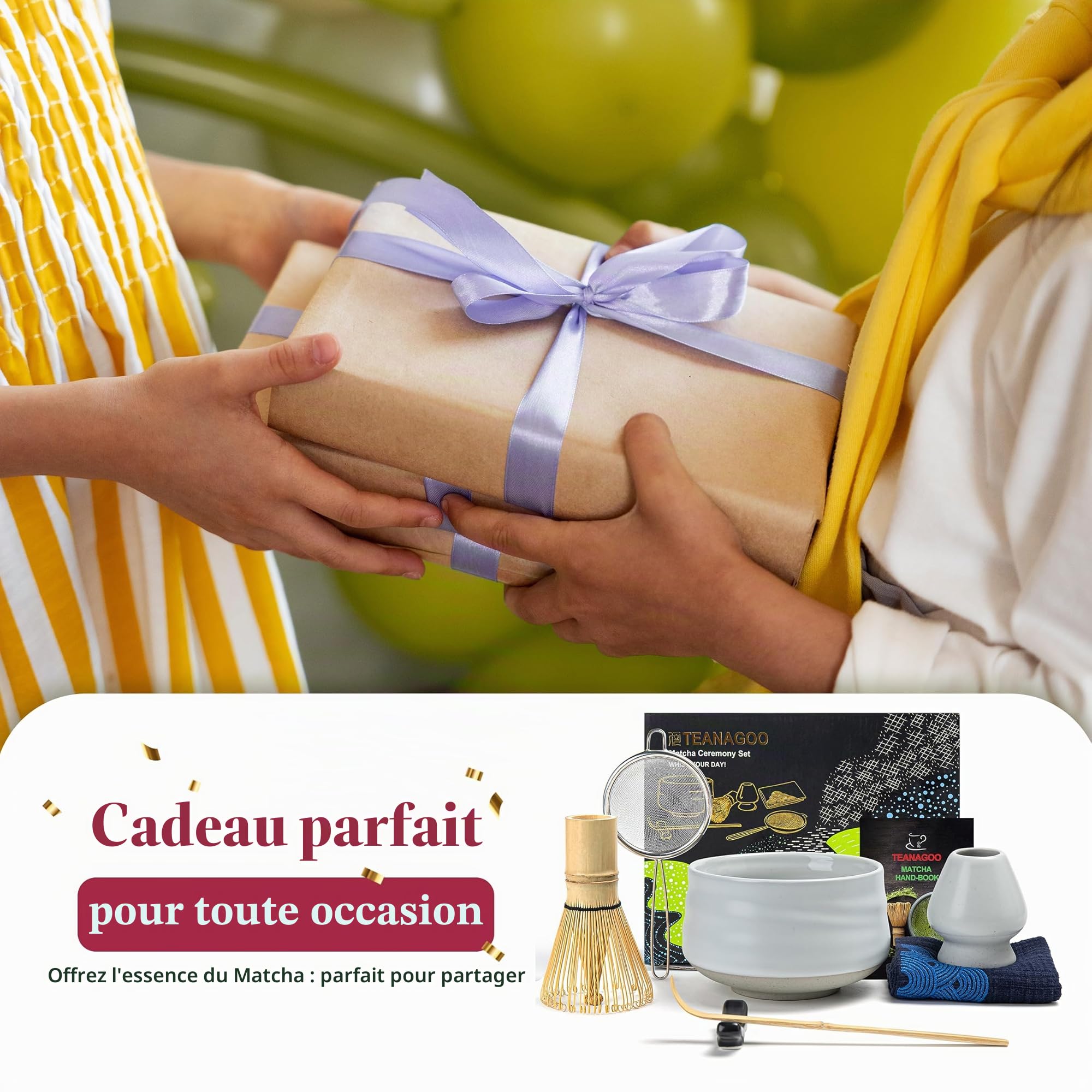 TEANAGOO Matcha Kit 7 pièces, fouet matcha, matcha ceremonie，bol à Matcha, fouet en bambou Matcha, cuillère,support de fouet,poudre de thé vert Matcha，Kit Matcha Japonais Passionnés（Blanc ivoire）