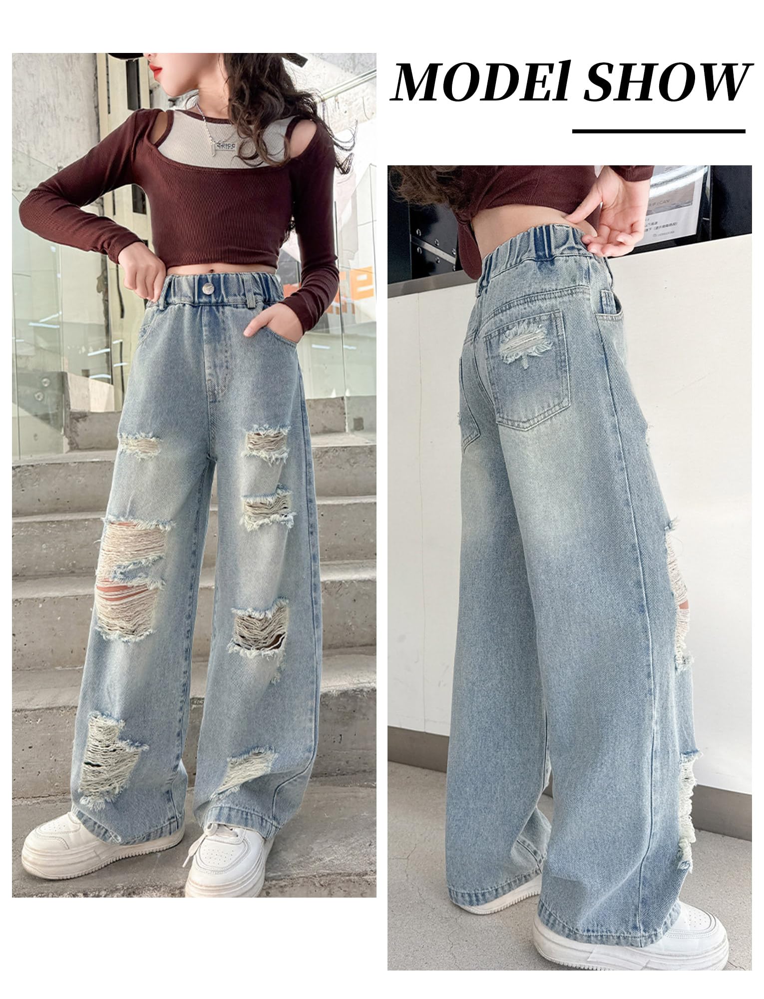 Maeau Jeans per bambini con elastico in vita, gamba larga, strappati, jeans lavati larghi con tasche, 5-14 anni