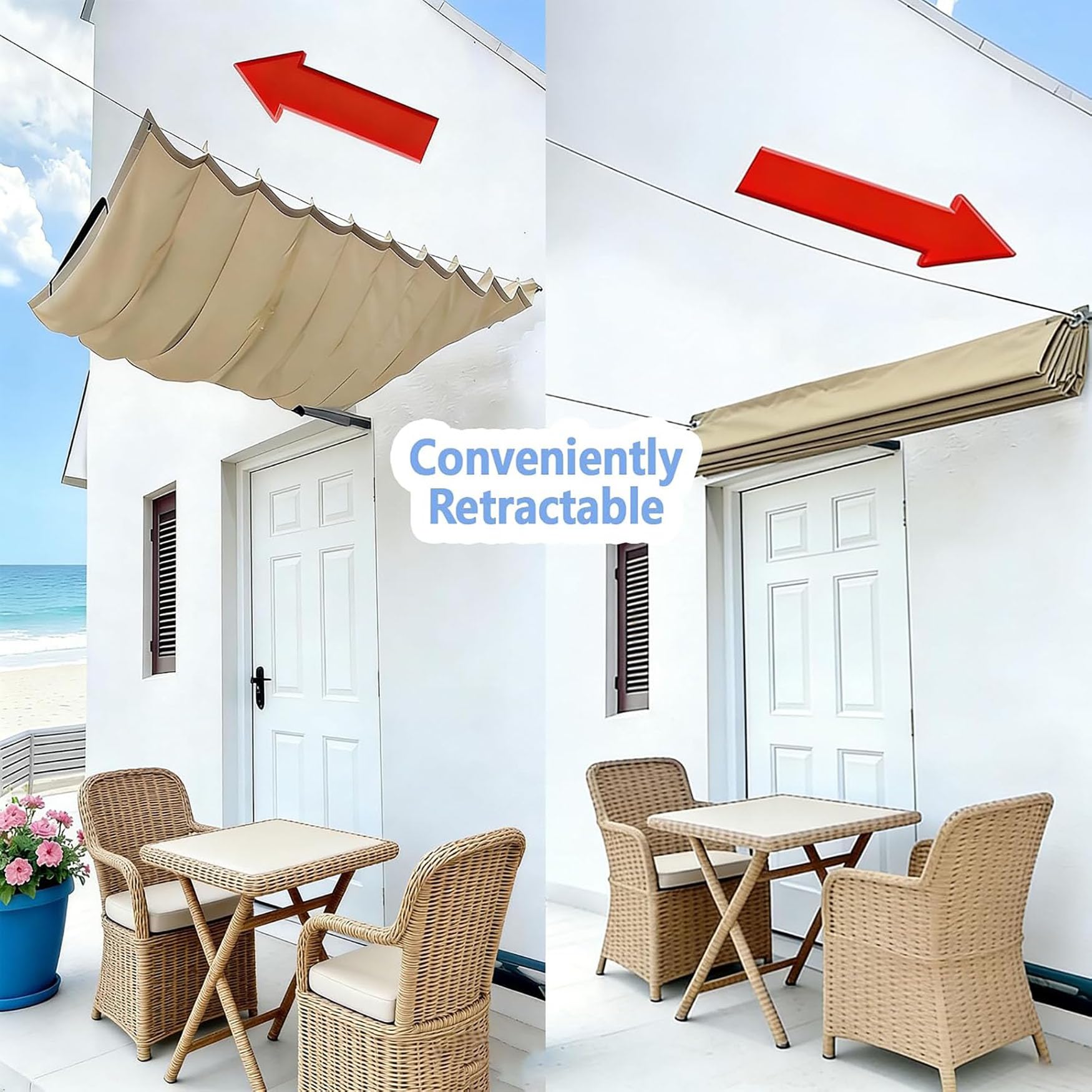 Einziehbar Welle Sonnensegel 120 x 400 cm Uv-Schutz Reißfest Sonnenschutz Wasserdicht Winterfest mit Ösen Verstellbar Welle Markisenstoff für Balkon, Terrasse, Pavillons, Hof, Creme Farben