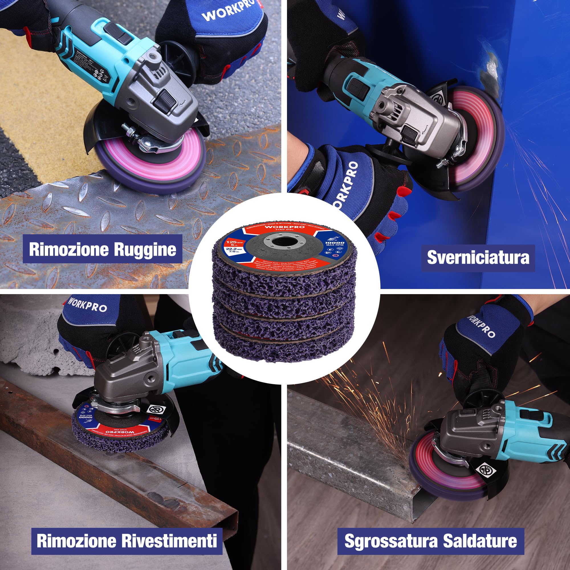 WORKPRO Set da 6 Dischi Abrasivi 125 mm per Smerigliatrice Angolare, Dischi di Pulizia Grossolana per la Rimozione di Ruggine e Vernice, Dischi per Smerigliatrice per Lavori di Sgrossatura
