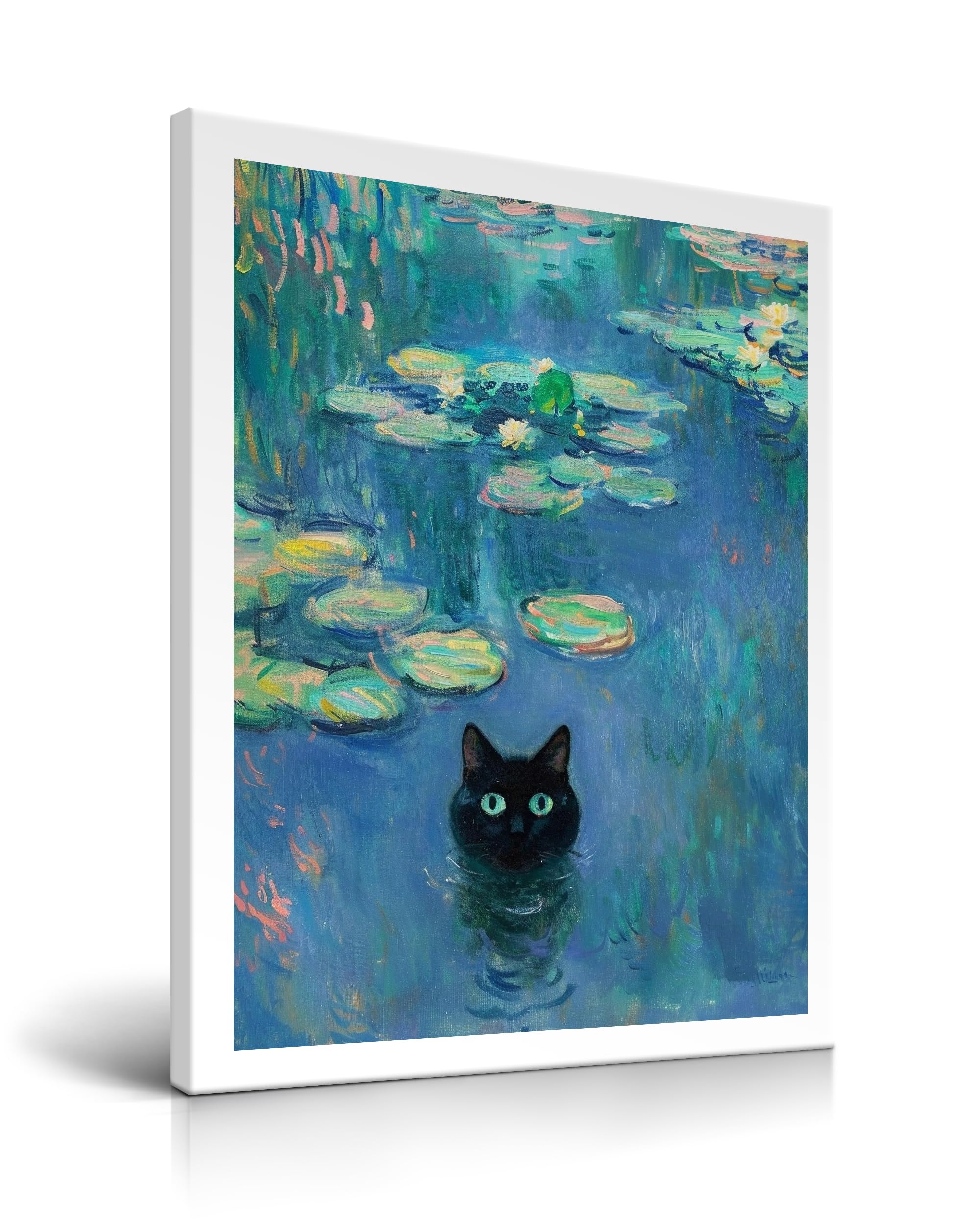 HesenDot Cat Head Framed Wall Art,30x40CM Claude Monet Waterlily Cute Cat Canvas Poster,Funny Animal Painting Print Wall Decor for Home Living Room Kid Bedroom Bathroom,Set of 1