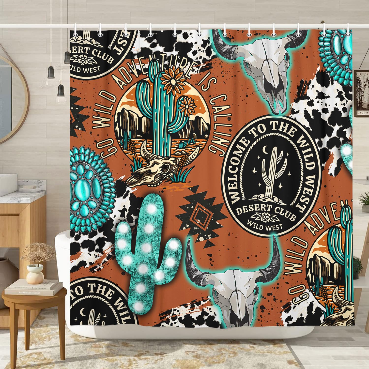 Dongbei Western Boho Shower Curtain with Bull Skull Turquoise Stone Cow Print, Cactus Wild West Cowboy Bath Curtain Rustic Ranch Rodeo Country