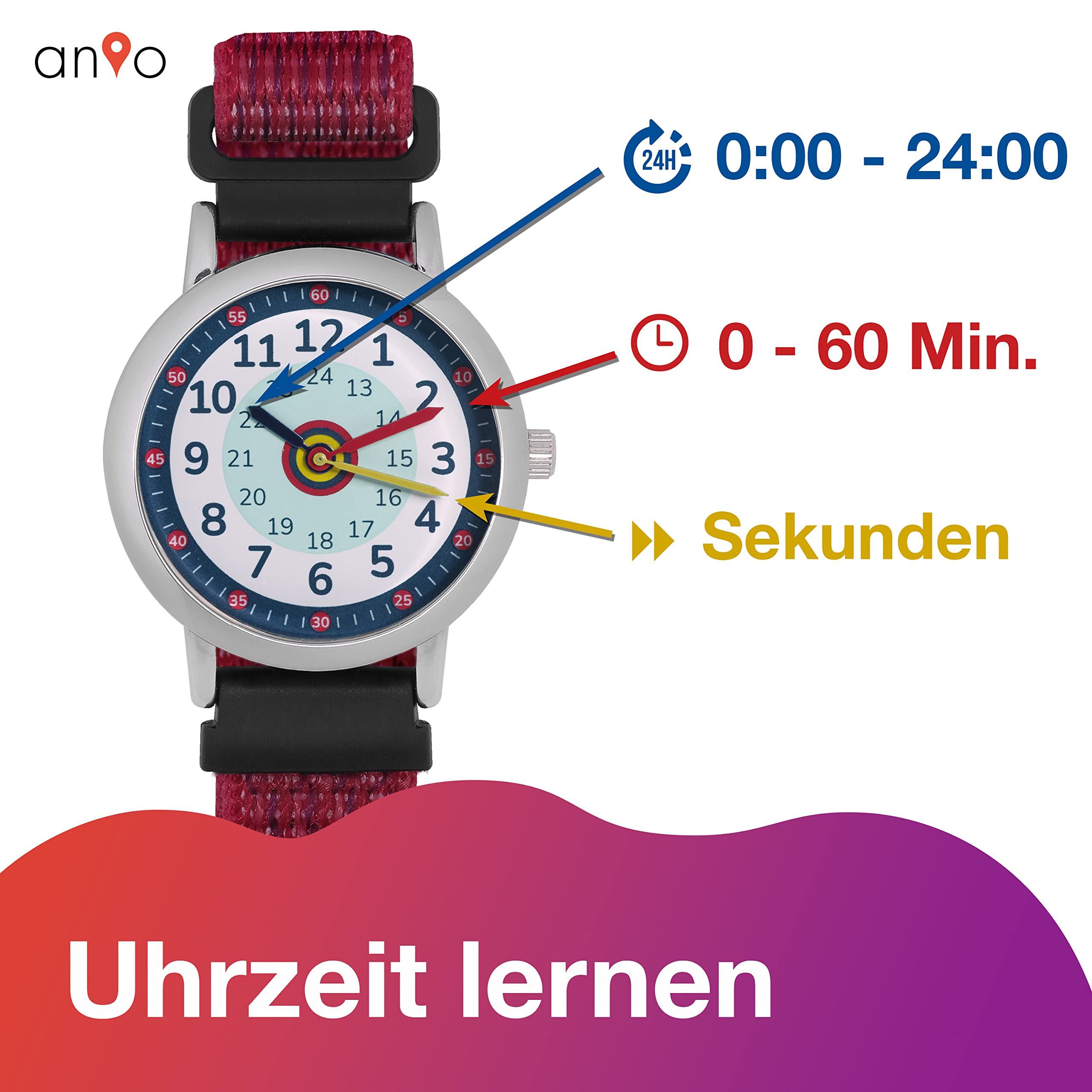 Anio 3 relojes de pulsera para niños – Reloj infantil para aprender la hora a partir de 6 años, resistente al agua hasta 5 bar, reloj infantil para niños y niñas, rojo, Correa