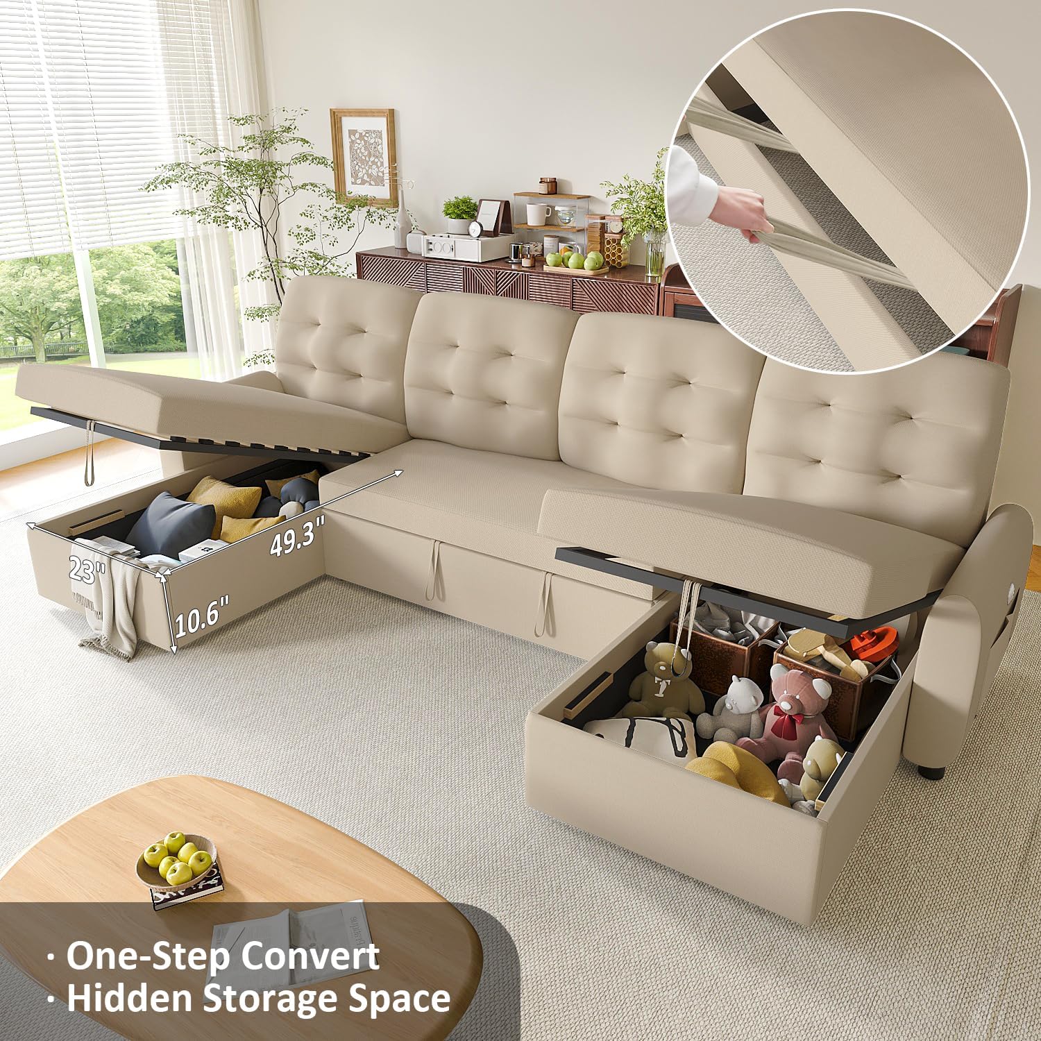 Close-up image showing the hidden storage compartment under the chaise of the Ucloveria Sleeper Sofa Bed, along with the USB charging port and tufted design detail.