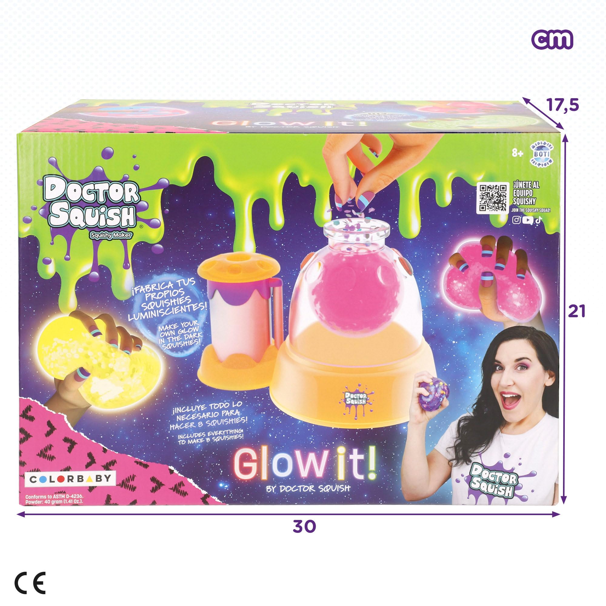 Doctor Squish Estación fábrica de squishies Glow it!, Neon Edition, hasta 8 squishies, Brillan en la Oscuridad, Incluye estación Manual, Cápsulas, Pinzas, Slime y Rellenos, Desde 8 años (48439)