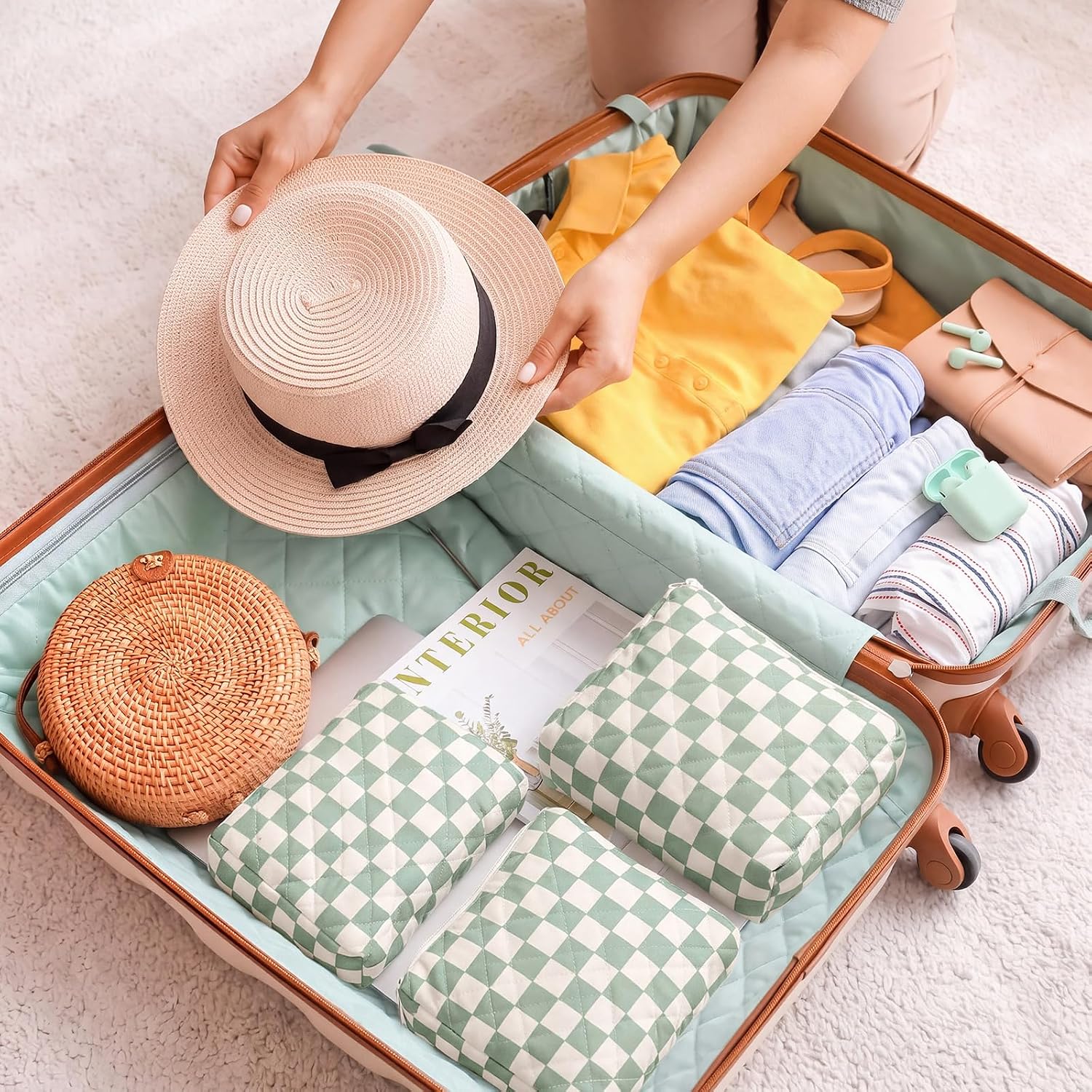 3 Pack Diaper Bag Set Quilted Cotton Green Checkered Diaper Pouches
