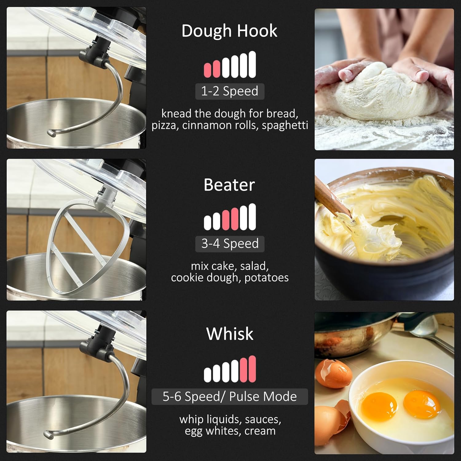Diagram showing recommended speeds for dough hook, beater, and whisk attachments