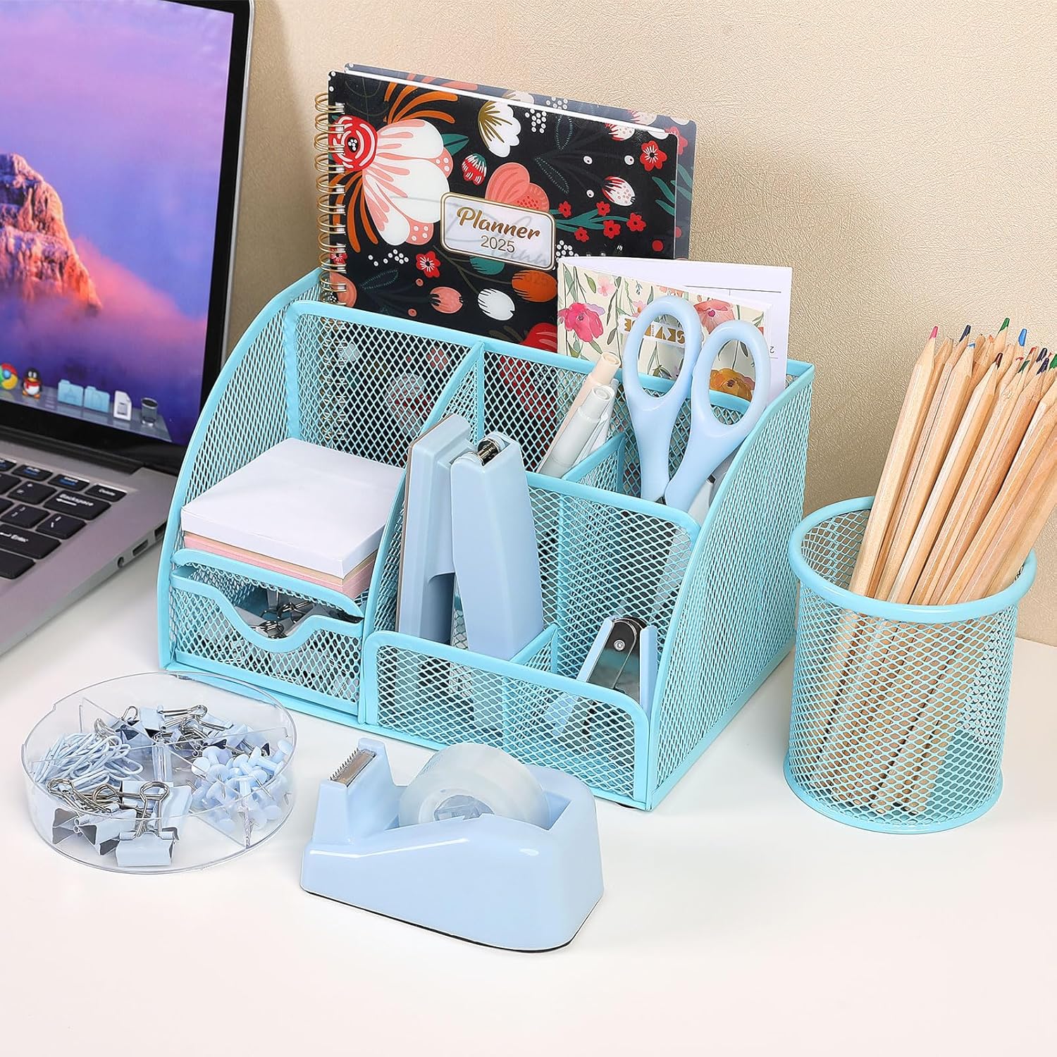 SKYDUE Blue Office Supplies Set, Office Desk Accessories, Mesh Desk Organizer, Stapler, Tape Dispenser, Scissors, Binder/Paper Clips and 1000pcs Staples, Office Supplies for Teacher