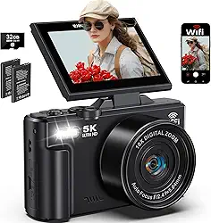Câmera Digital, 5K 75MP, camera fotografica, transmissão Wi-Fi,foco automático,zoom digital de 18x,tela giratória de 180 graus,cartão SD de 32G,Flash,camera cybershot,vlog