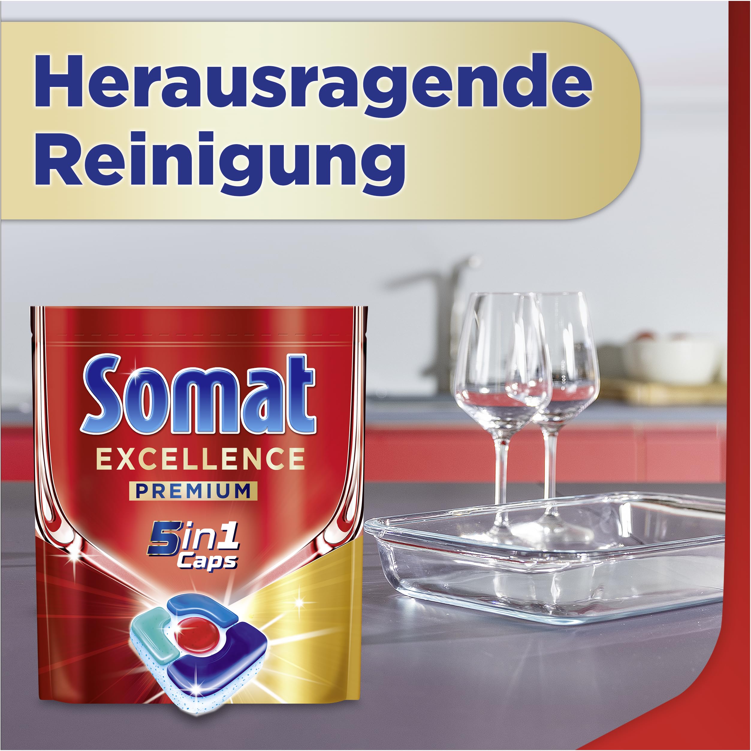 Somat Excellence Premium 5 en 1 Caps (134 Caps), pastillas para lavavajillas de liberación rápida con Extra Boost, Somat Caps eliminan incluso 72 h de restos de comida secos y persistentes