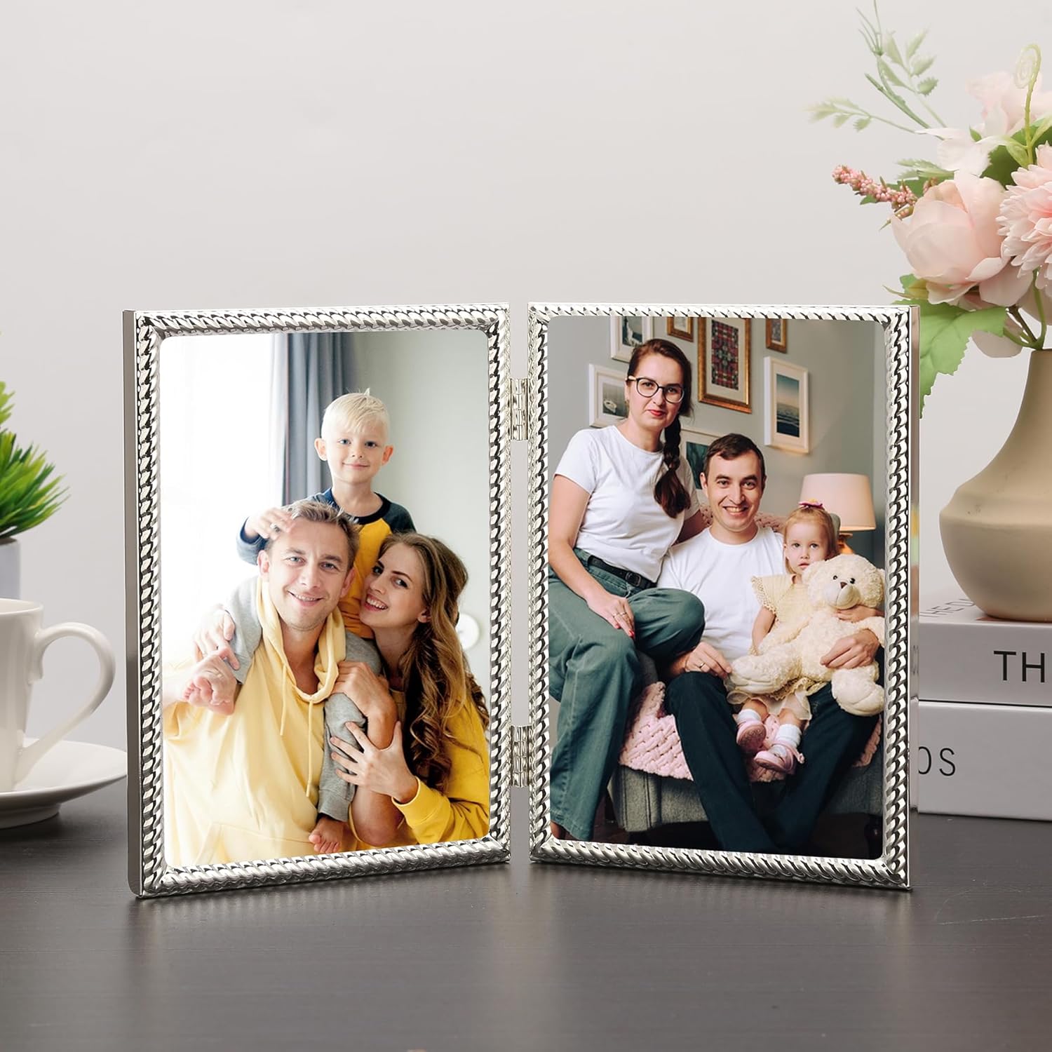 5x7''Silver Double Frames,Rope Design Metal Photo Frame with Black Velvet Backing and Real Glass Front,5x7'' Hinged Silver Double Picture Frame for Tabletop and Shelf Display