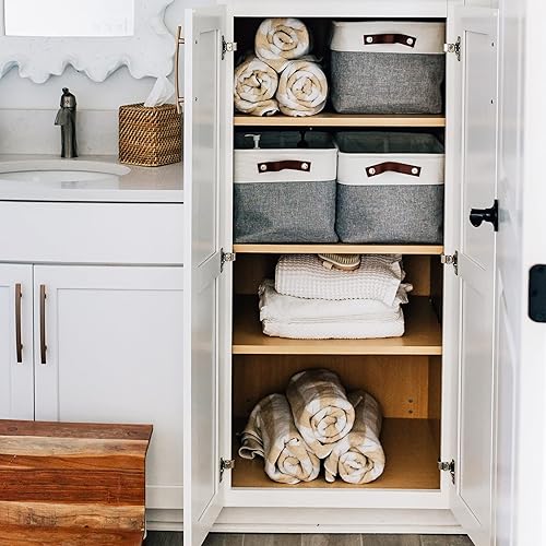 Vista 142 de OrganiHaus - Canastas de almacenamiento estrechas, 15 x 06 pulgadas, pequeñas, para estantes, armarios, baños, organizador de tela con asas, Beige