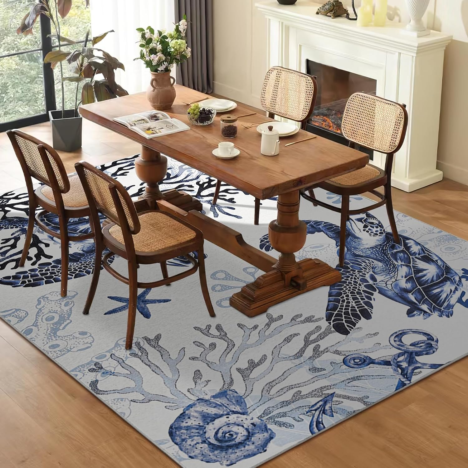 Dintszyayue Washable Rugs 5x7 Nautical Beach Living Room Non Slip Foldable Area Rug for Living Room Floor Cove Sea Horse