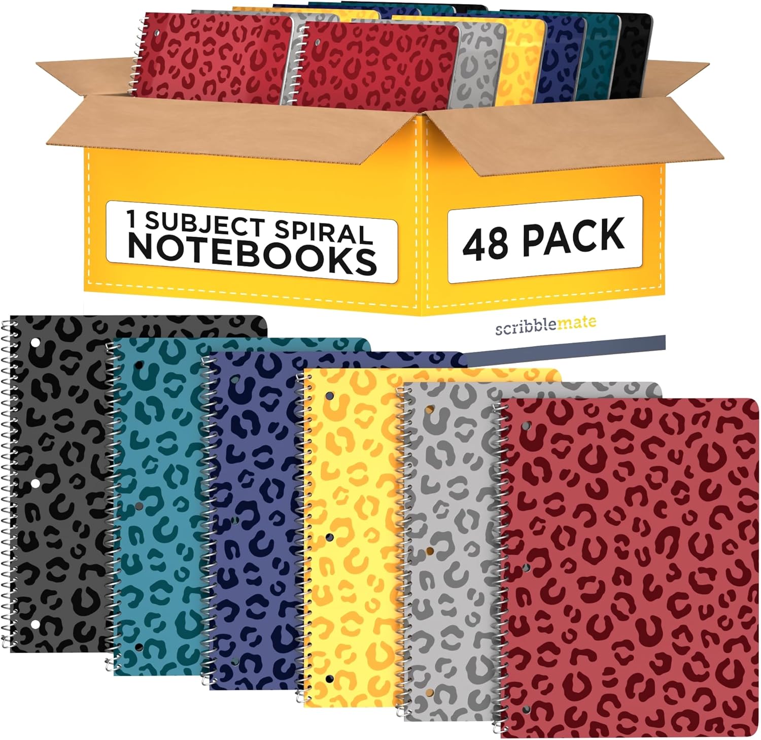 Spiral Notebooks College Ruled 1 Subject Spiral Notebook Bulk Pack of 48 Assorted Bold Colors, 8 x 10 1/2 Inch, 70 Sheets, Leopard Pattern Bulk Notebooks for Work & School