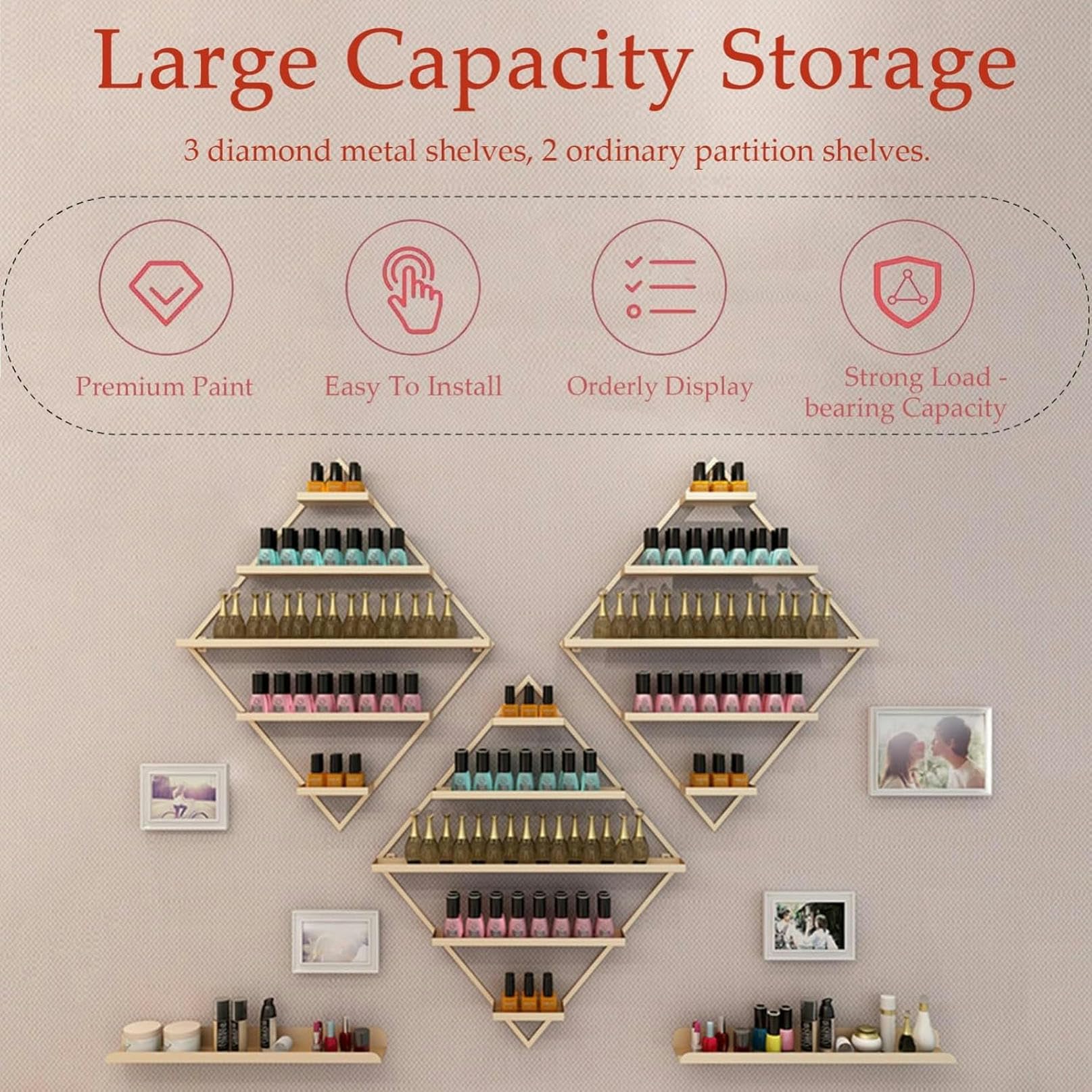Étagères murales en métal pour Vernis à Ongles, présentoir Triangulaire en Forme de Losange, présentoir pour cosmétiques, Rouges à lèvres, parfums, huiles essentielles (7 pièces dorées)