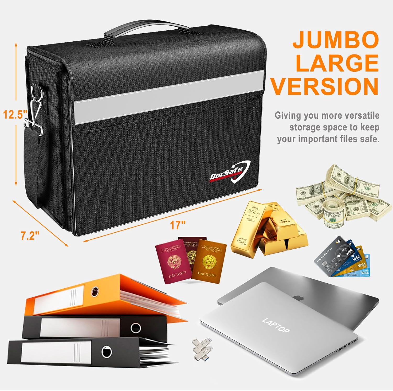 DocSafe Fireproof Document Bag with Multiple Pockets,5200°F Large (17”x12.5”x7.2”) File Organizer Fireproof Waterproof Bag Important Document Holder Home Office Portable Filing Storage for Valuables