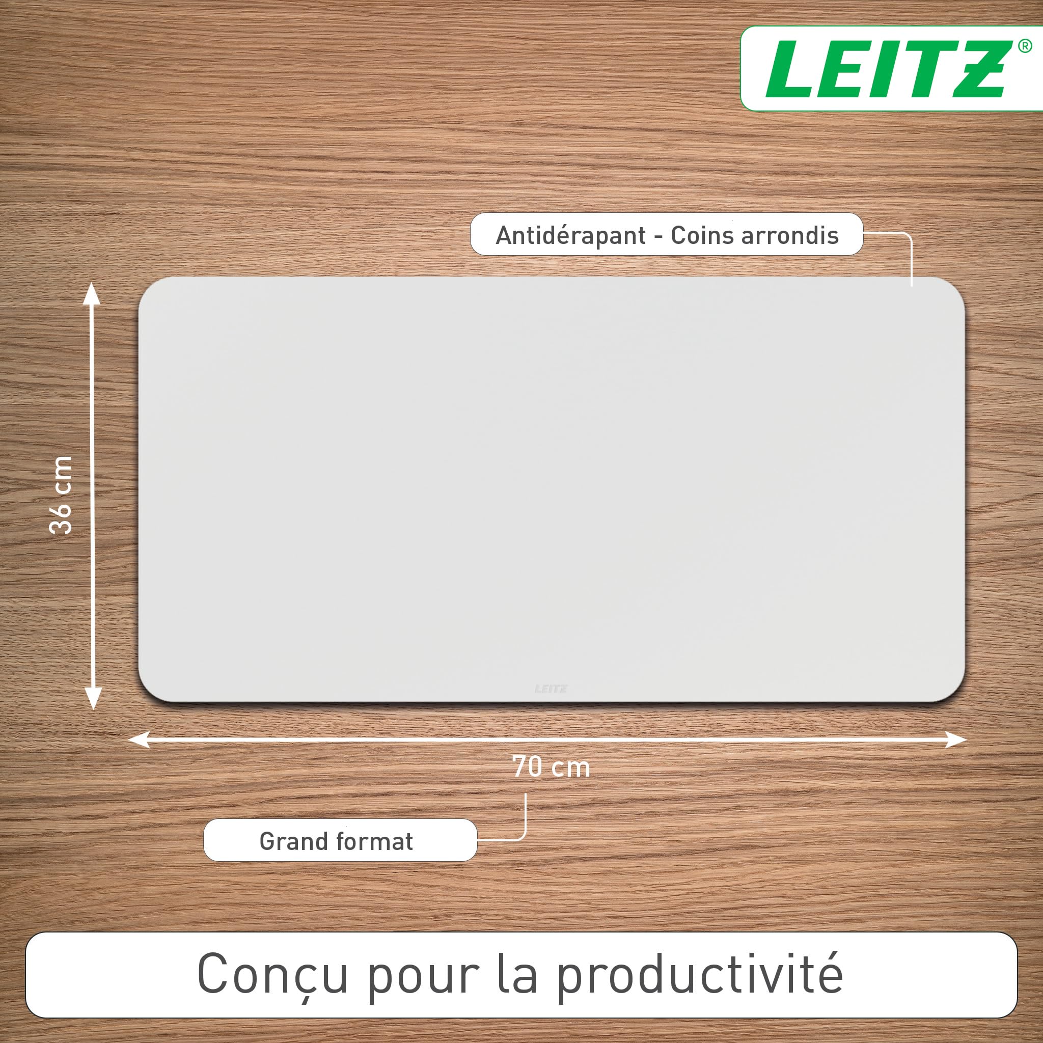 Tapis de bureau grand format Leitz en cuir recyclé : Cuir recyclé, antidérapant, surface premium, tapis pour clavier, souris et ordinateur. Pour bureau et maison (70x36cm, gris clair)