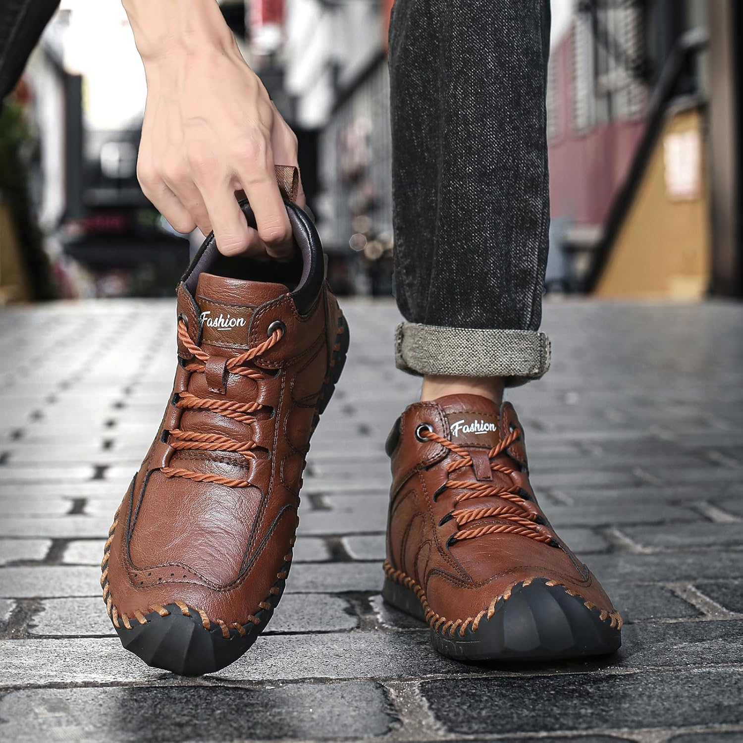 Men's Leather Handmade Lace Up Ankle Boots Retro Round Toe Hand Stitching High Top Sneakers Outdoor Hiking Working Driving Casual Chukka Boots - Image 9