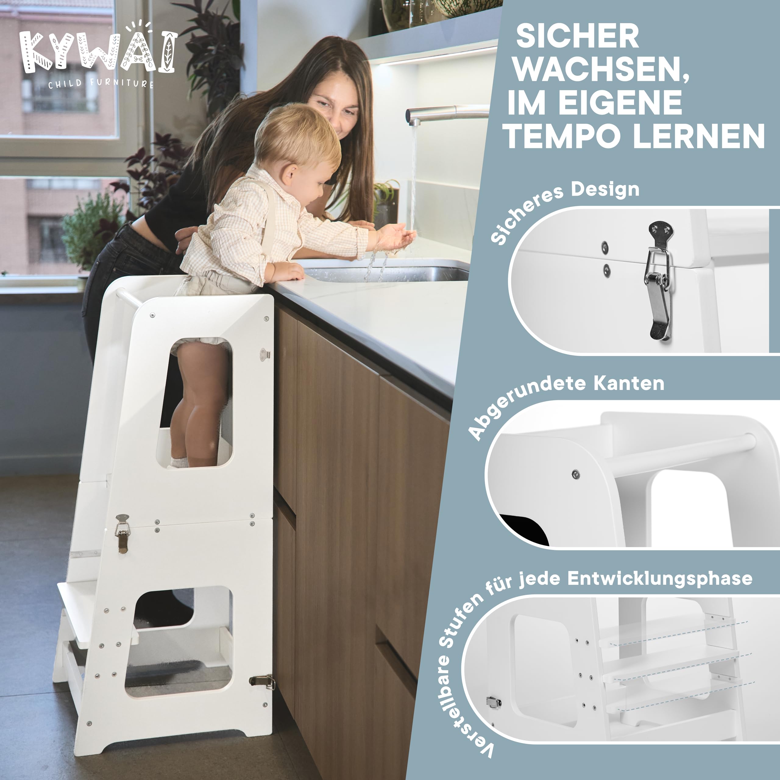 Montessori Lernturm ab 1 Jahr Klappbar Groß– 2-in-1 Premium Learning Tower & Tisch – Lernturm klappbar, Nachhaltiges Unternehmen, höhenverstellbare Stufe, Innovatives (weiß)