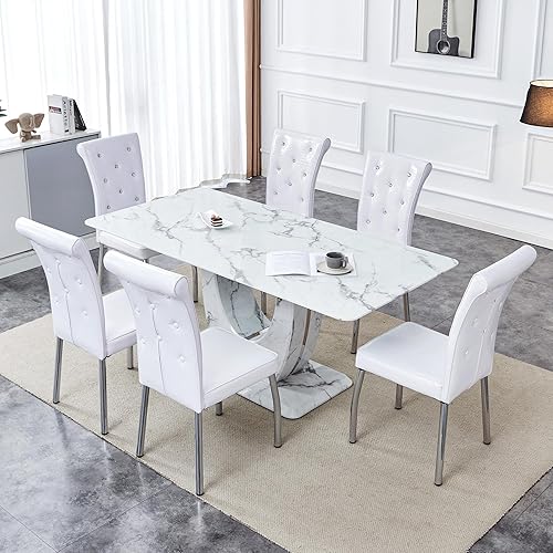 Miniatura 25 de JUFU Juego de mesa de comedor de mármol para 6 personas con mesa de mármol sintético de 63 pulgadas y pedestal en forma de U, mesa de comedor 6