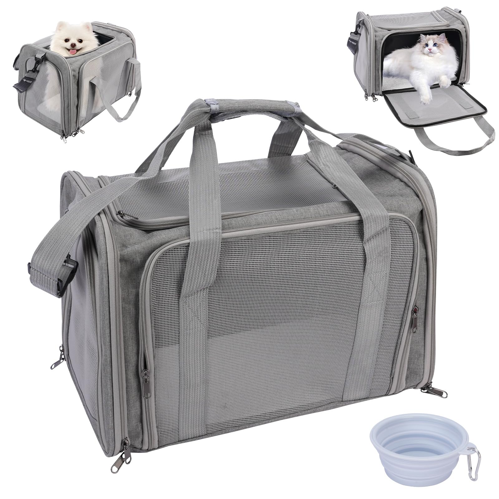Transportín Perro Gato,Transportadora Perros Gatos,Bolsa Transporte Transpirable para Mascotas,Correa de Hombro Ajustable y Colchón Suave,para Perros Pequeños, Gatos,Viajes (45x30x30cm, Gris)
