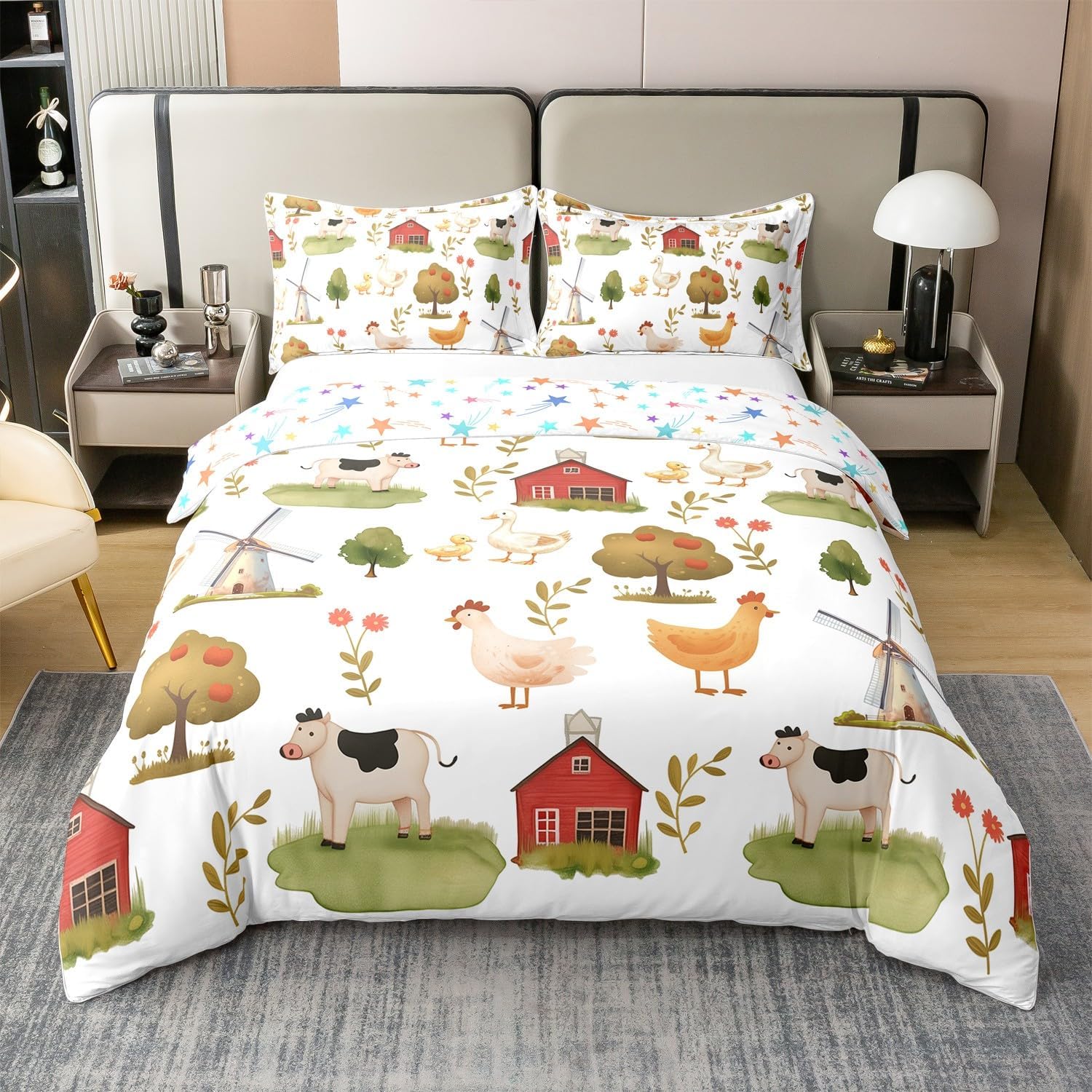 Manfei Rustic Farm Life Full Size Cotton Duvet Cover,Farmhouse Cabin Apple Trees Botanical Leaves Quilt Cover(No Filler),Cute Animal Cow Duck Chicken White Comforter Cover for Kids Adults Bedroom