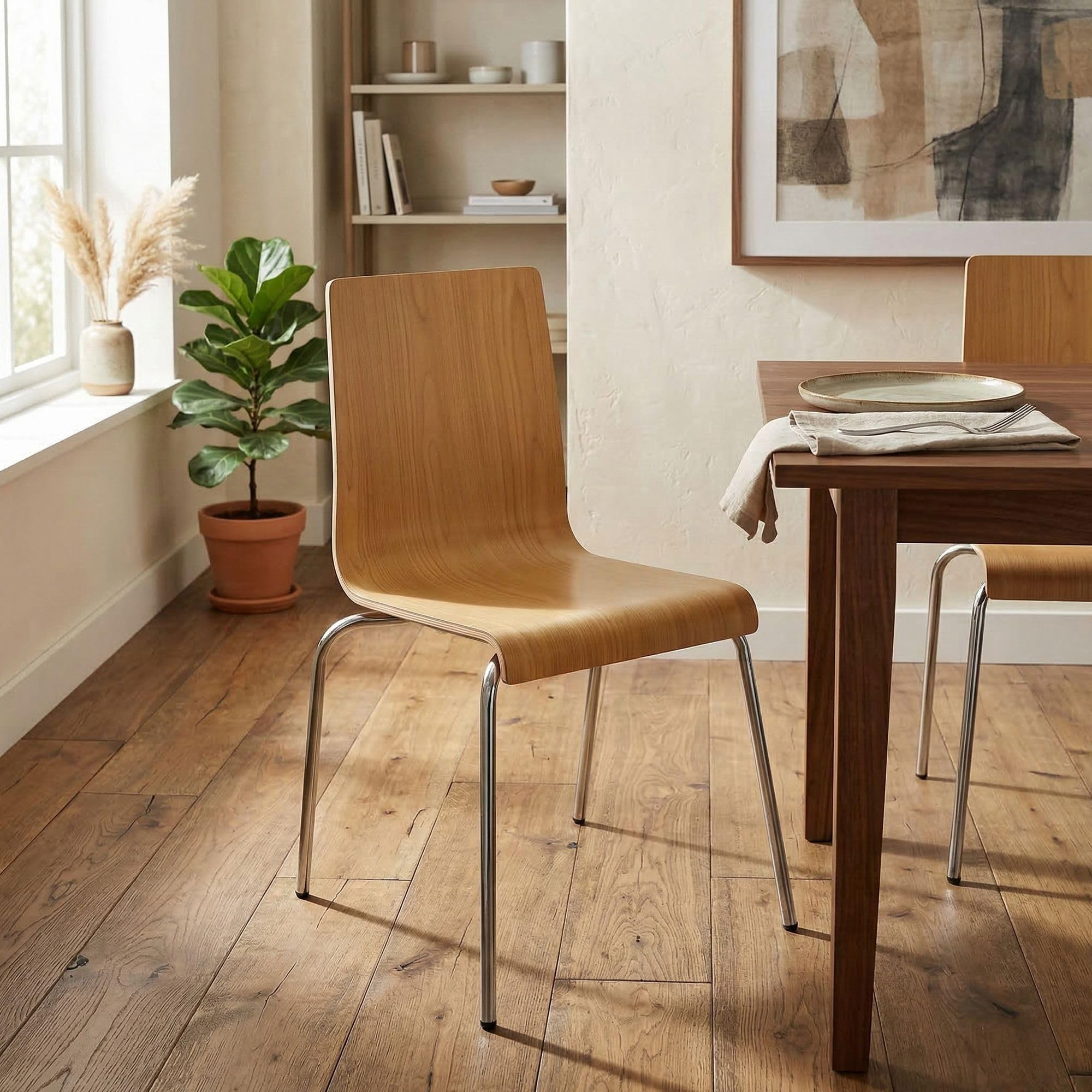 CLP Stuhl stapelbar Gahanna, Stapelstuhl aus Formholz mit HPL-Laminat, Stahlgestell verchromt belastbar bis 150 kg, Esszimmer und Büro, Farbe:Natur