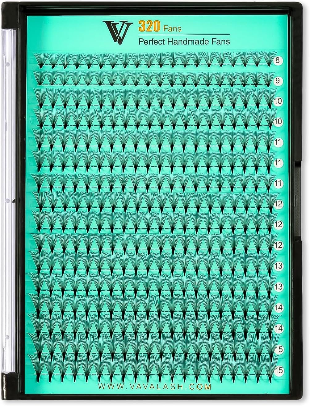 VAVALASH Premade Fans Eyelash Extensions 320 Fans 10D 14D 16D 20D 0.03 0.05 0.07 Thickness C/D Curl Middle Stem Heat Bonded Premade Fans Russian Volume Lash Extensions (320 Fans-14D-0.03-C-8-15mm)