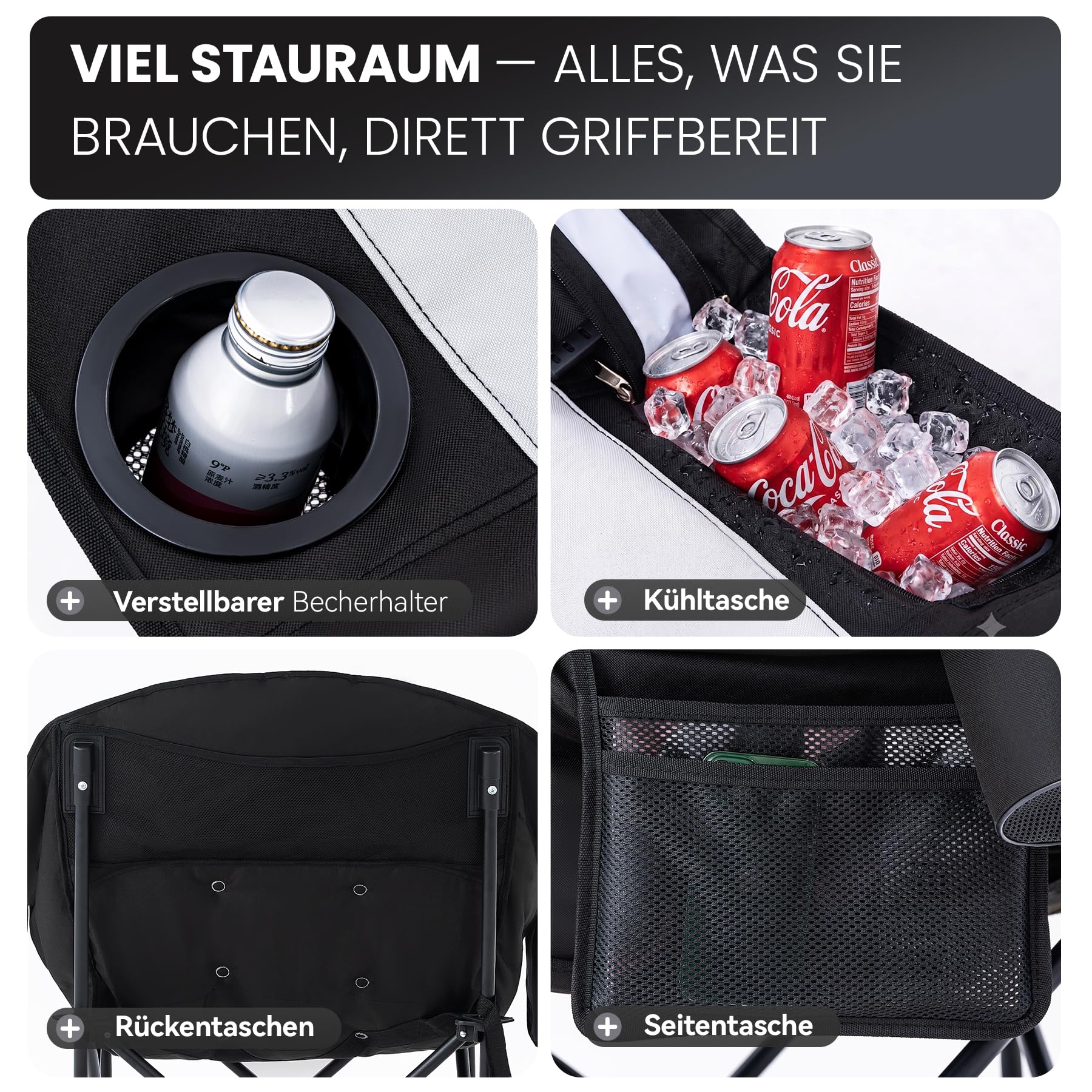 Campingstuhl Faltbar XXL mit Lendenkissen, 200kg Belastbar | Klappbar&Tragbar, Hochlehner, 800D Polyester, mit Getränkehalter Kühltasche Tragetasche, für Outdoor Garten Balkon Indoor