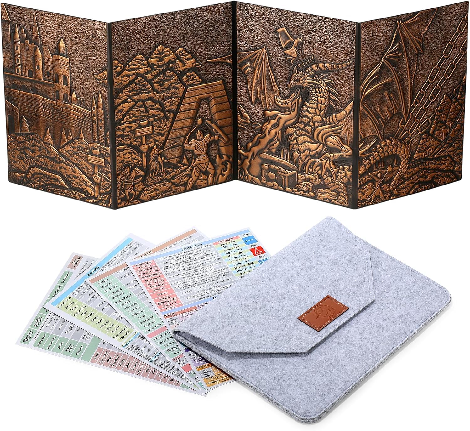LIEFY DND DM Screen – D&D Dungeon and Dragons – Schermo da gioco in ecopelle 3D goffrata con motivo drago e 4 pannelli con tasche – Regalo DND – Accessori DND (Copper)