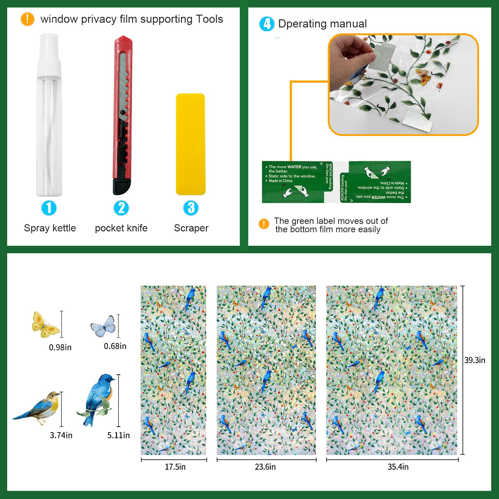 COUNTEWOL Colorful Bird and Floral Window Privacy Film Stained Glass Window Film Rainbow Window clings Non-Adhesive Reusable Decorative for Room (Green Vine Birds, 17.5 x78.7 in)